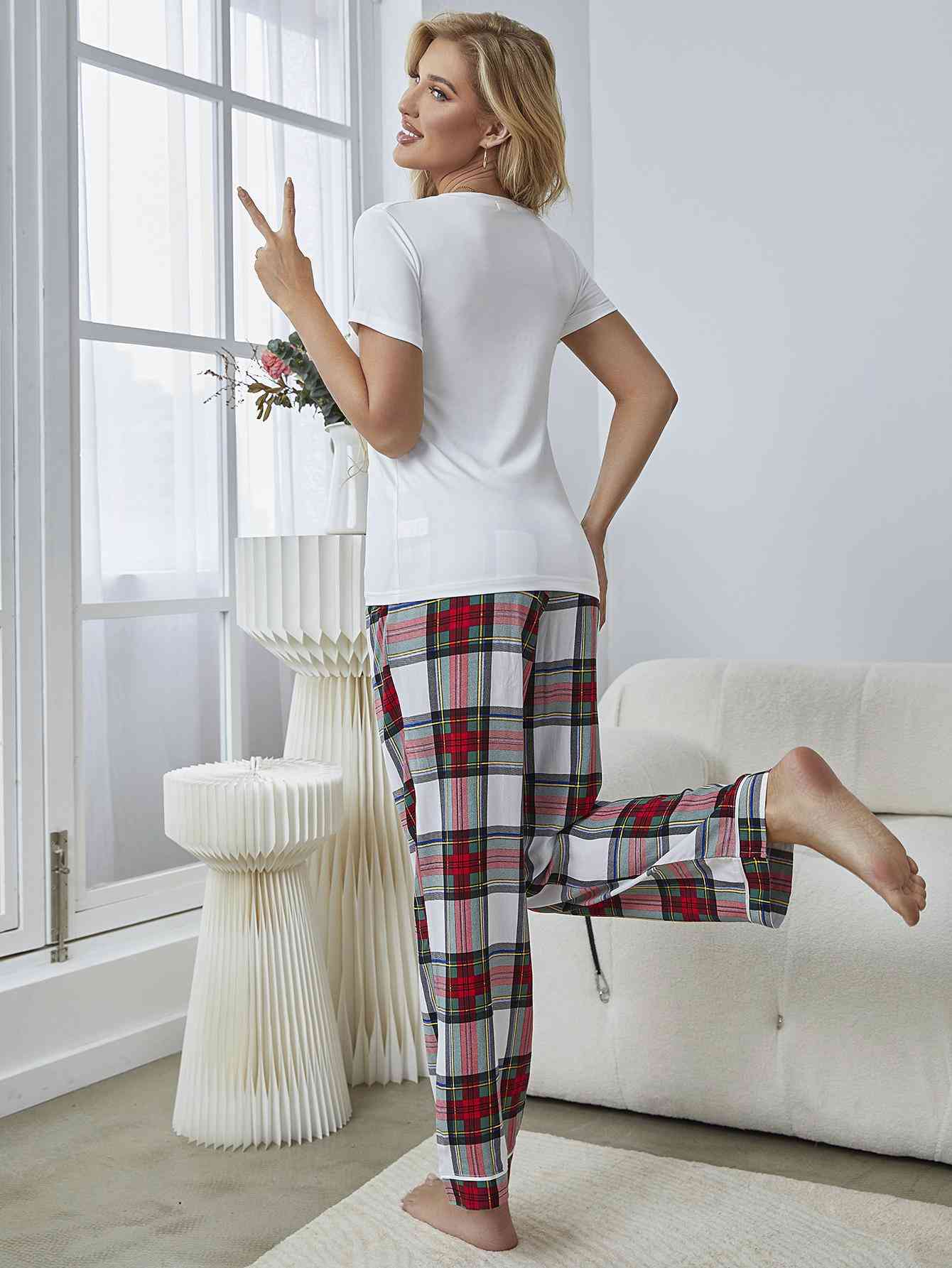 V - Neck Tee and Plaid Pants Lounge Set - Loungewear - White - Bella Bourget