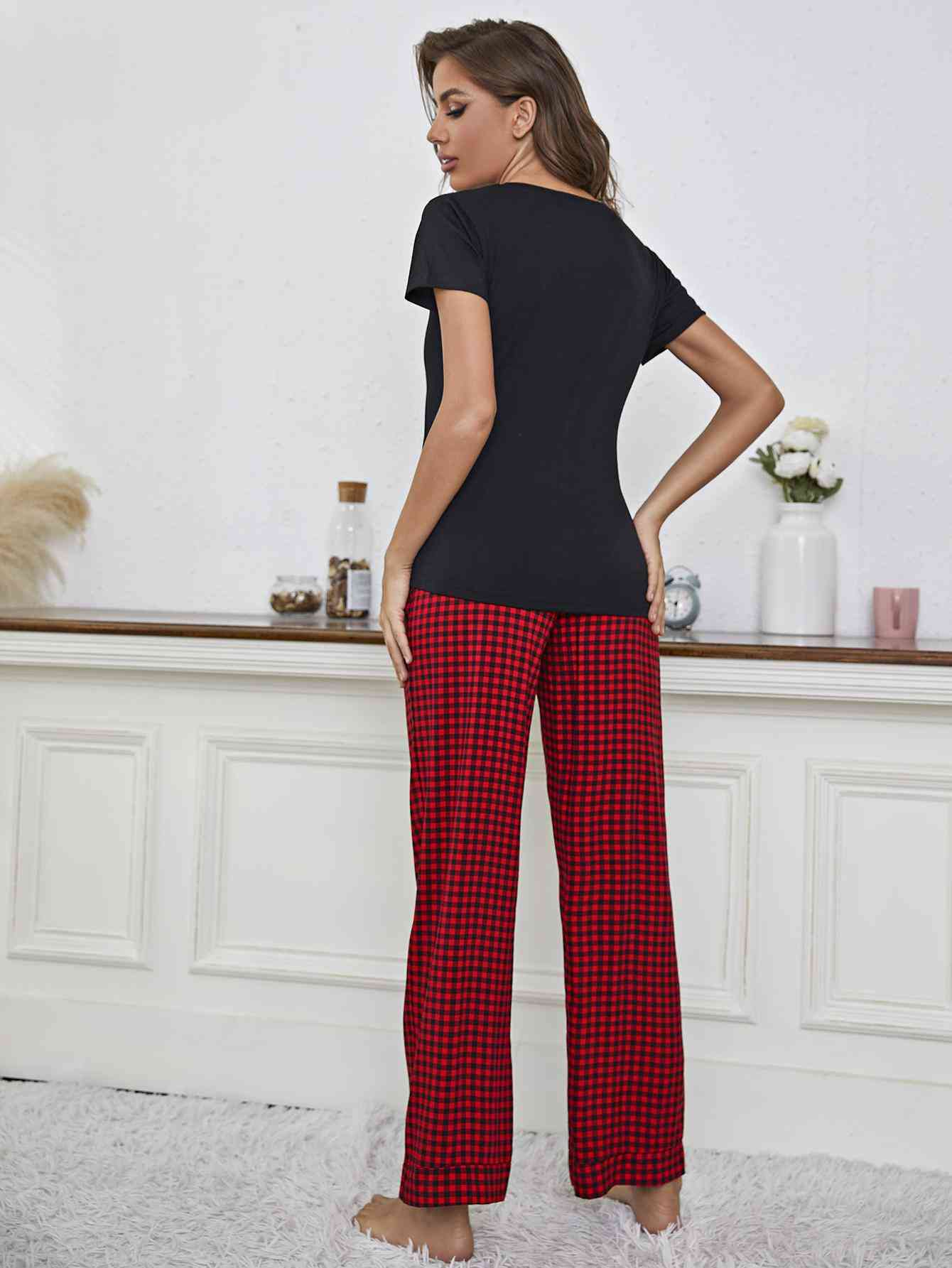 V - Neck Top and Gingham Pants Lounge Set - Loungewear Set - Black/Red - Bella Bourget