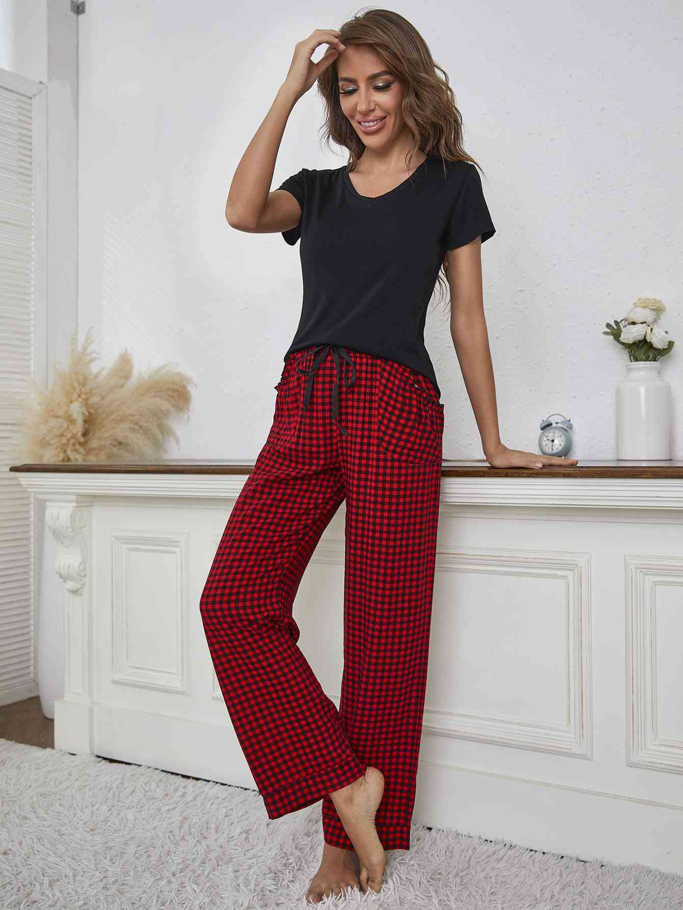 V - Neck Top and Gingham Pants Lounge Set - Loungewear Set - Black/Red - Bella Bourget