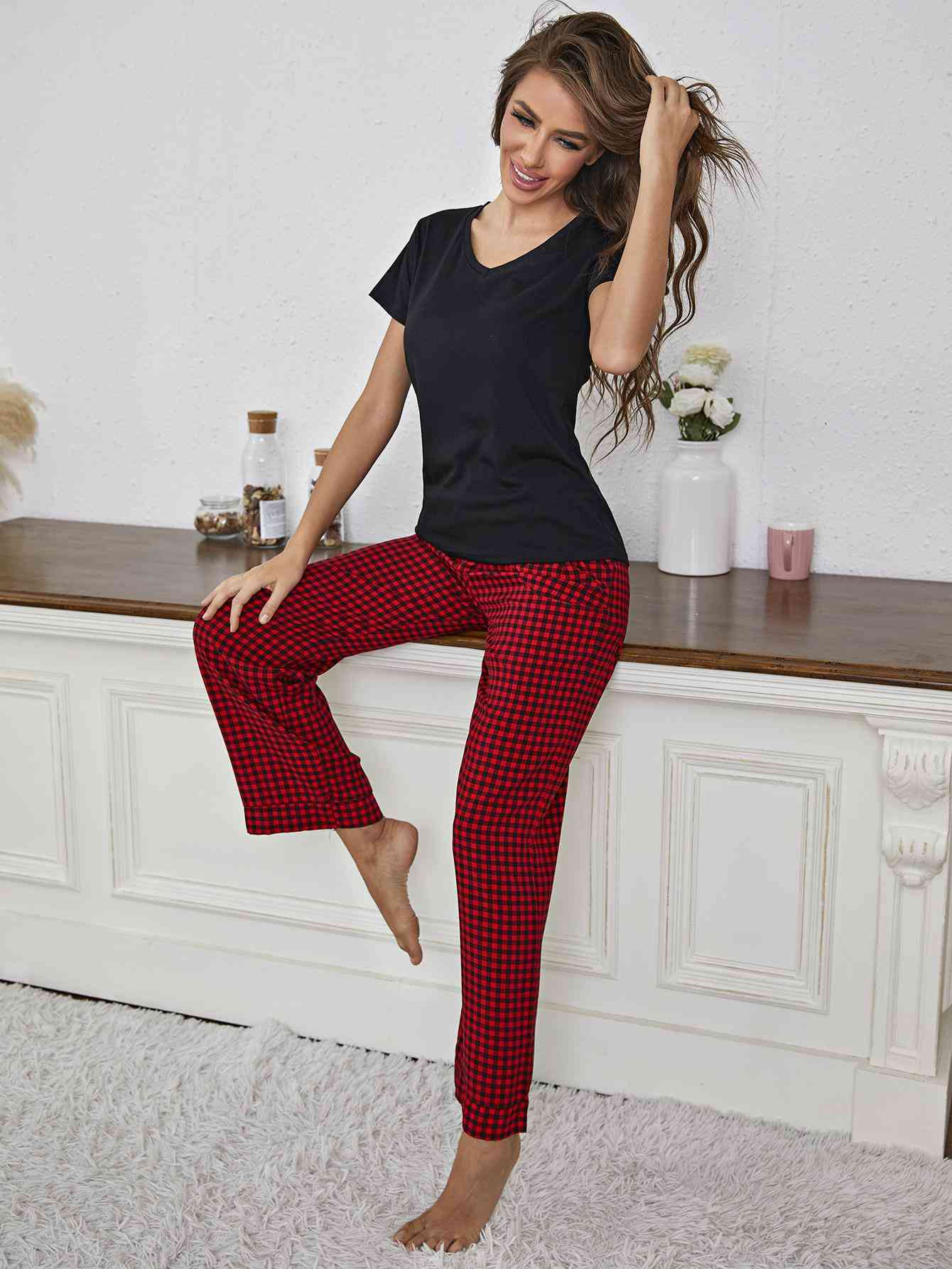 V - Neck Top and Gingham Pants Lounge Set - Loungewear Set - Black/Red - Bella Bourget