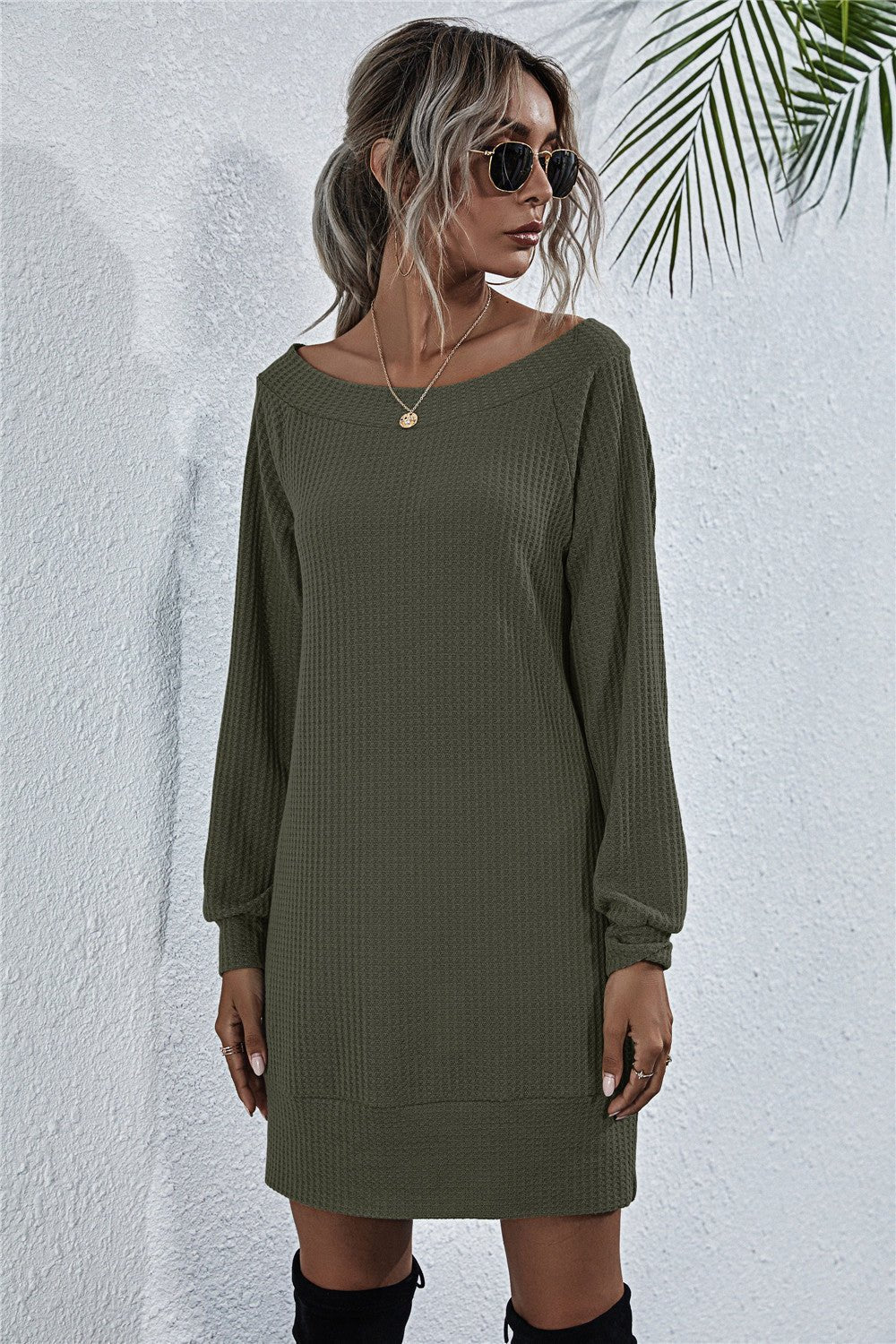 Waffle - Knit Boat Neck Mini Dress - Dress - Army Green - Bella Bourget