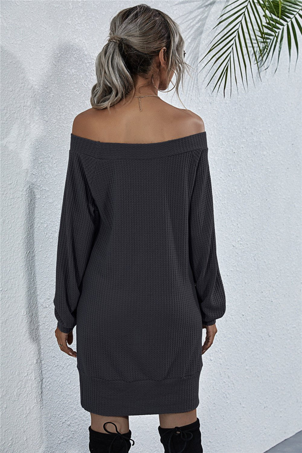 Waffle - Knit Boat Neck Mini Dress - Dress - Dark Gray - Bella Bourget