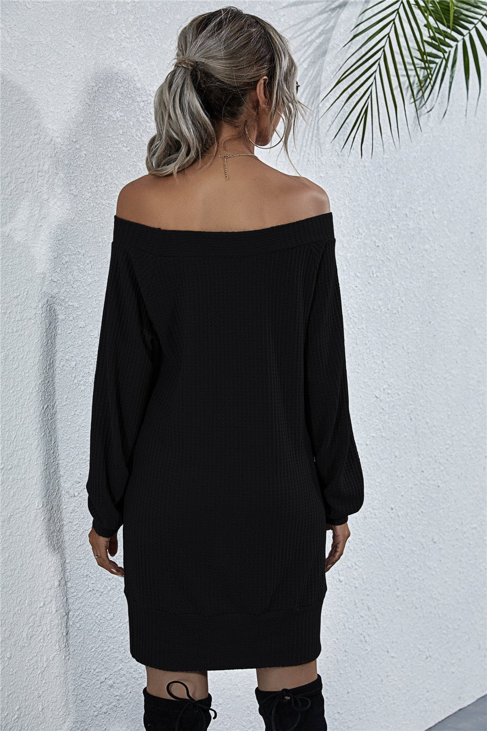 Waffle - Knit Boat Neck Mini Dress - Dress - Black - Bella Bourget