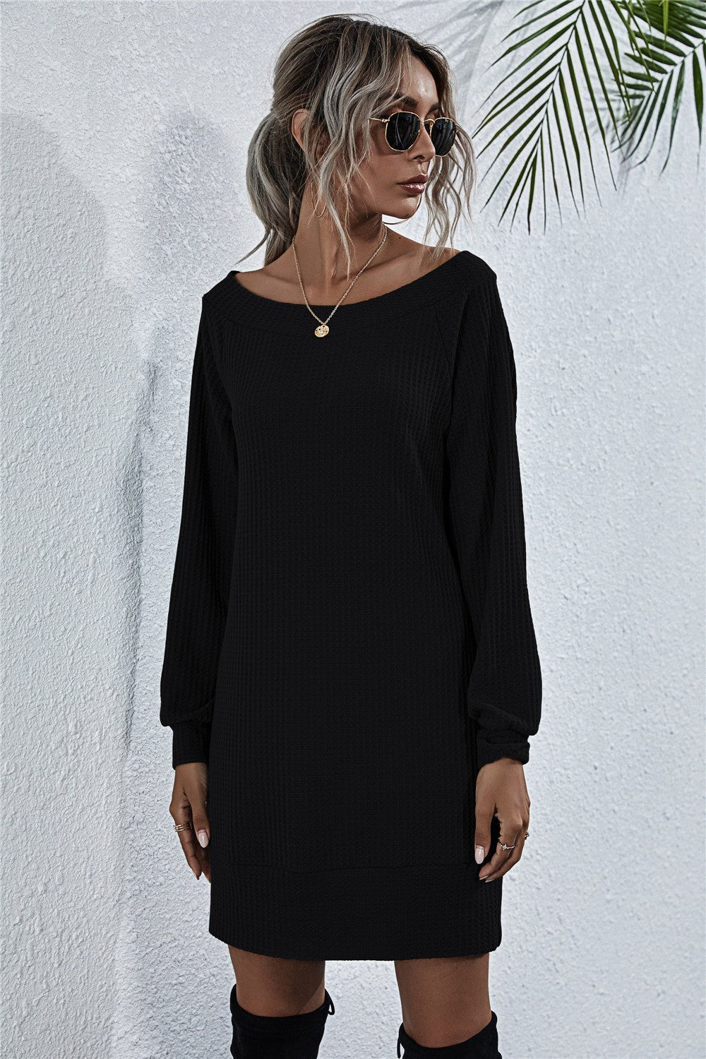 Waffle - Knit Boat Neck Mini Dress - Dress - Black - Bella Bourget