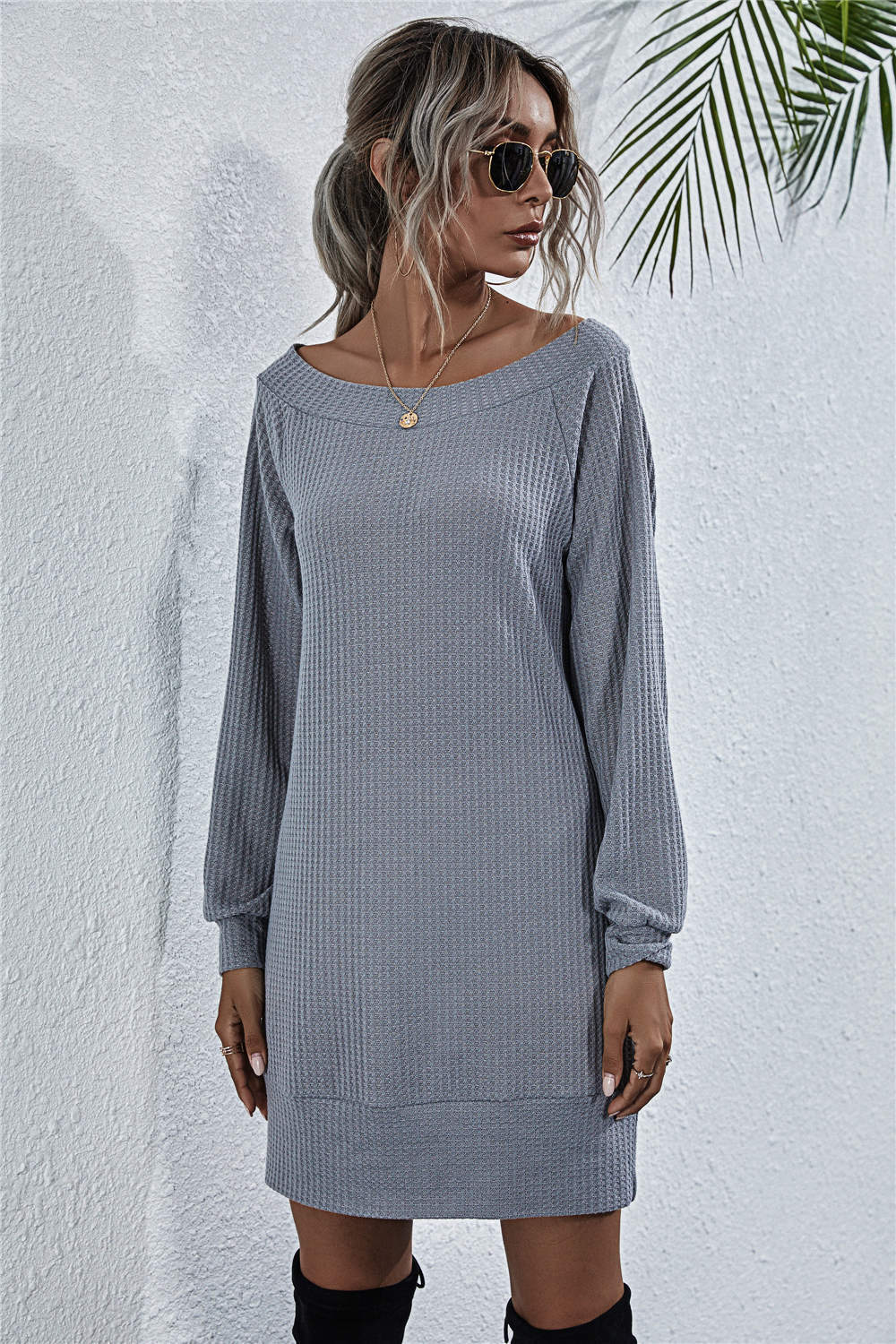 Waffle - Knit Boat Neck Mini Dress - Dress - Light Gray - Bella Bourget