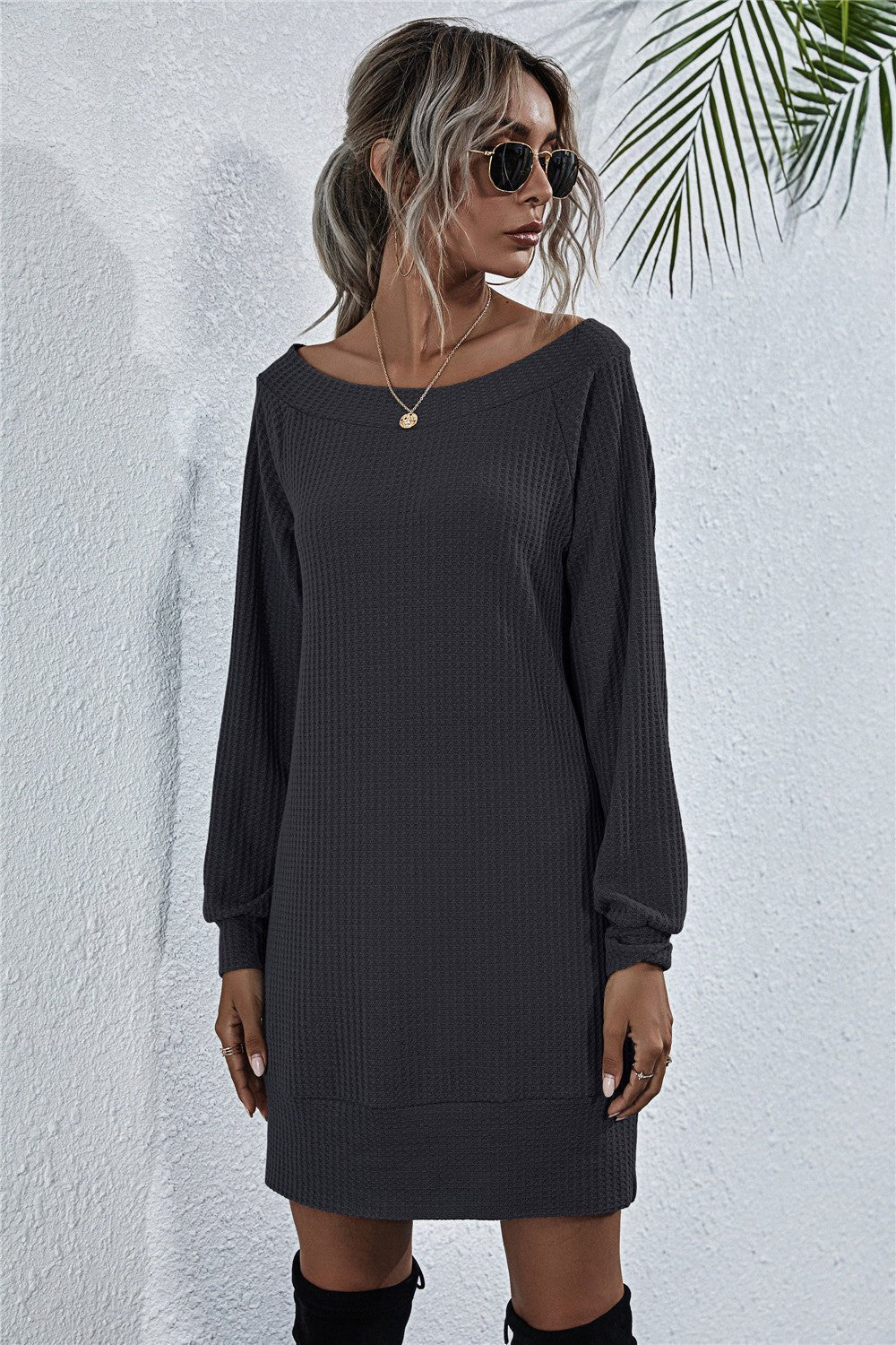 Waffle - Knit Boat Neck Mini Dress - Dress - Dark Gray - Bella Bourget