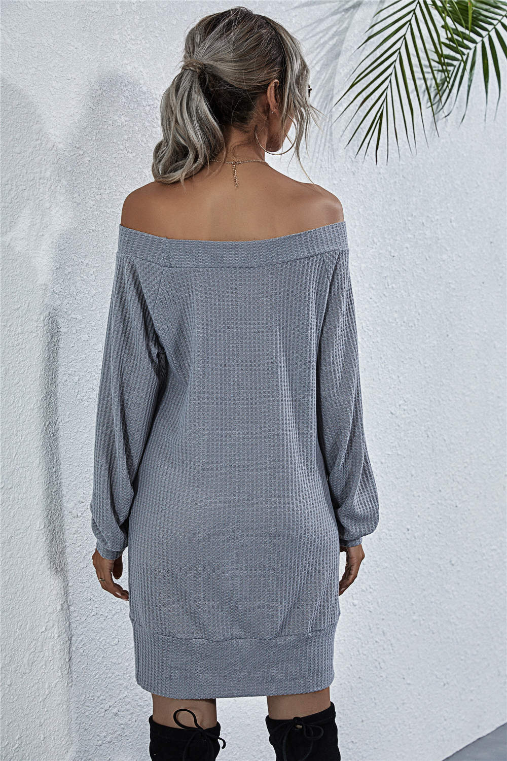 Waffle - Knit Boat Neck Mini Dress - Dress - Light Gray - Bella Bourget