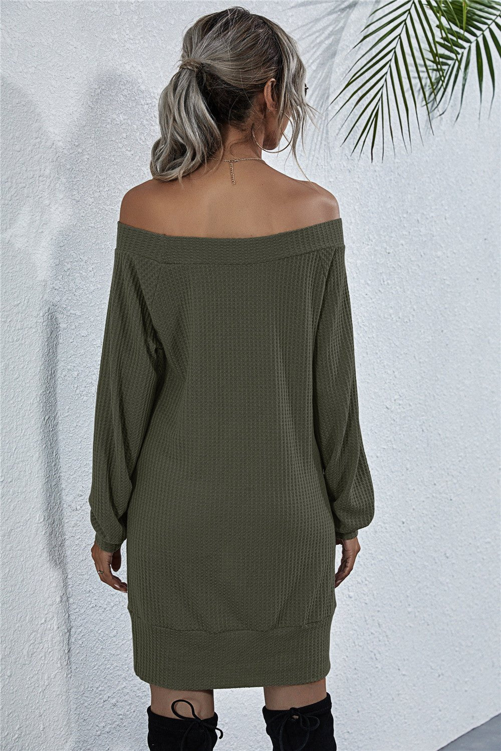 Waffle - Knit Boat Neck Mini Dress - Dress - Army Green - Bella Bourget