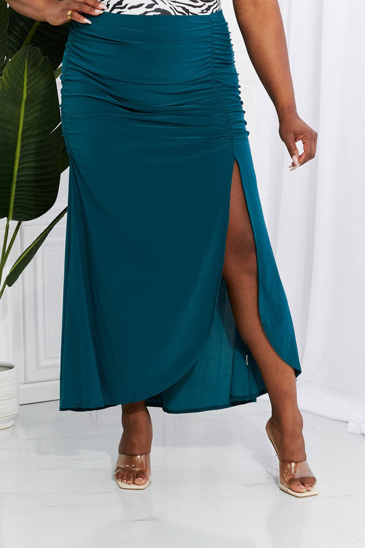 White Birch Full Size Up and Up Ruched Slit Maxi Skirt in Teal - Full Size Skirt - Teal - Bella Bourget