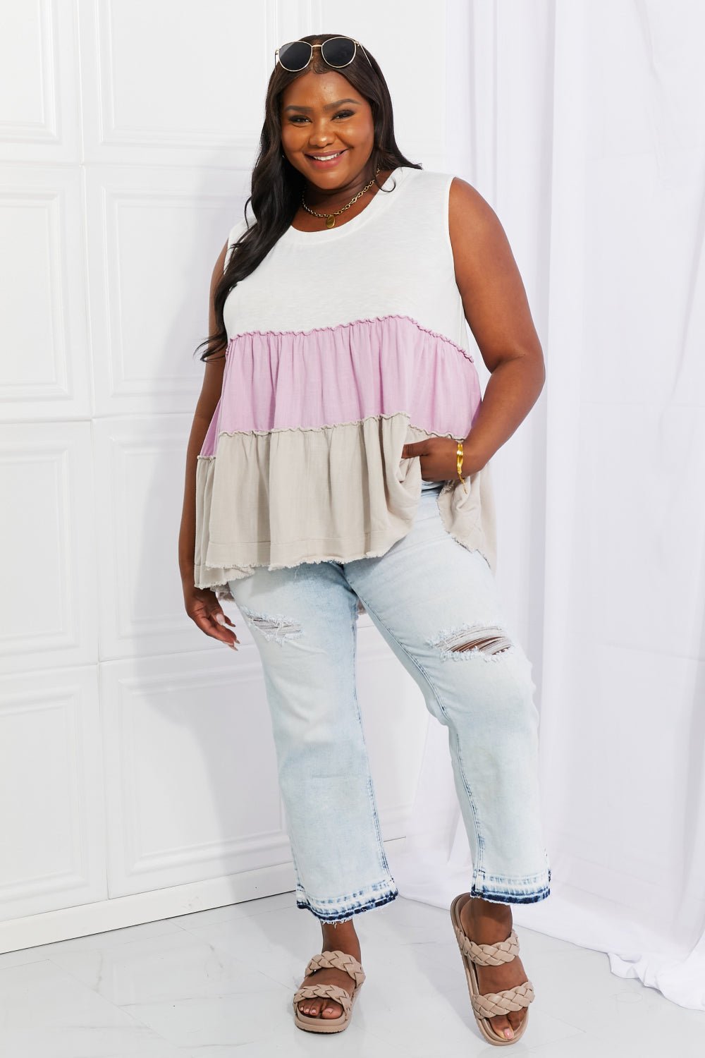 White Birch Full Size Watching the Sunset Color Block Babydoll Top - Full Size Tank Top - Lavender - Bella Bourget