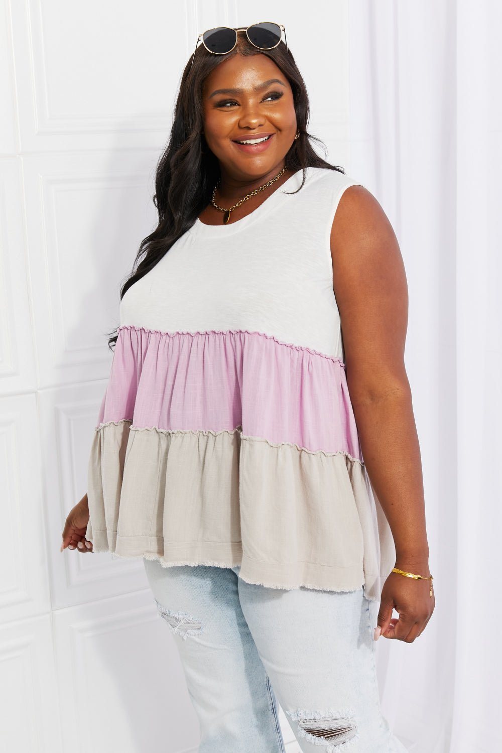 White Birch Full Size Watching the Sunset Color Block Babydoll Top - Full Size Tank Top - Lavender - Bella Bourget