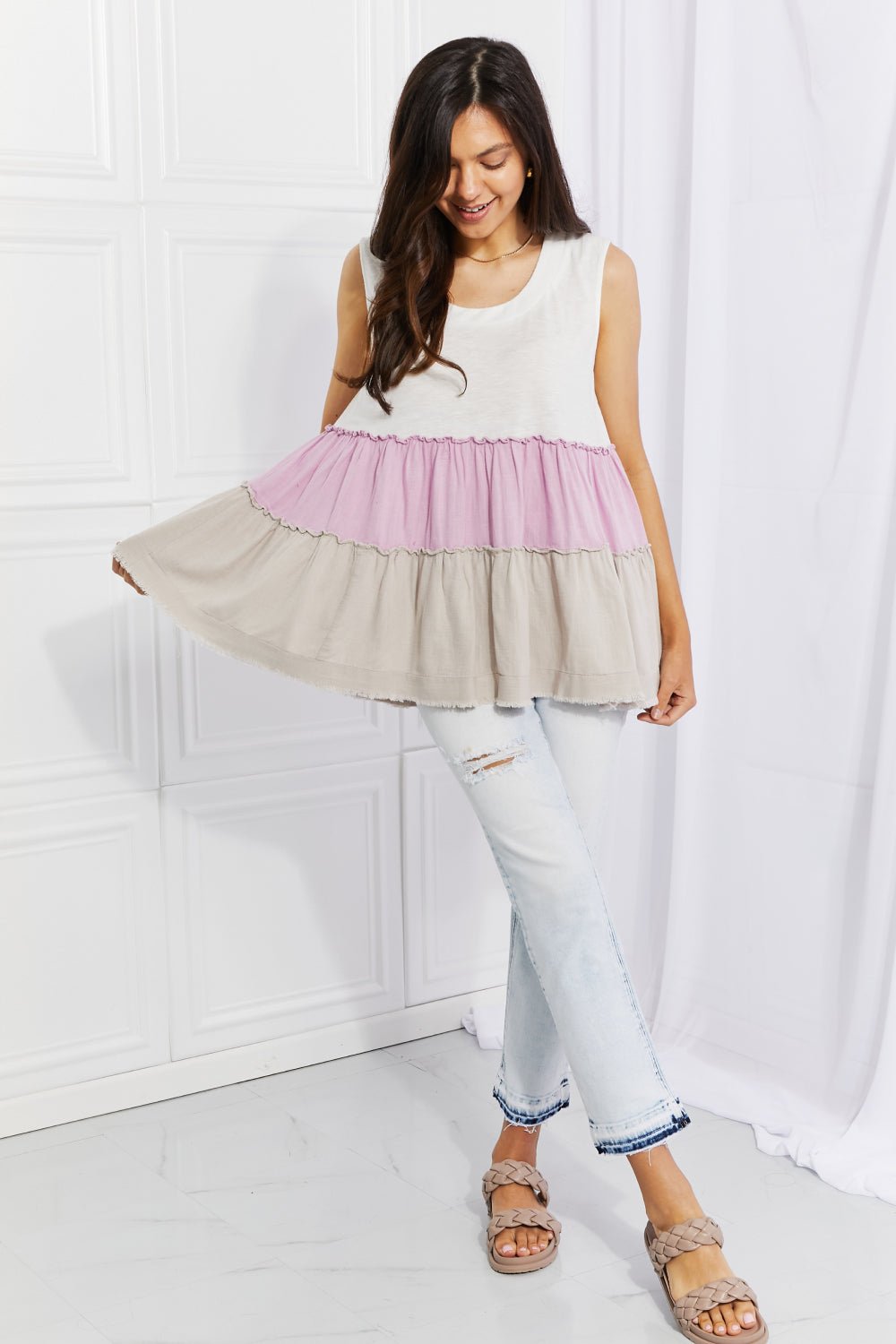 White Birch Full Size Watching the Sunset Color Block Babydoll Top - Full Size Tank Top - Lavender - Bella Bourget