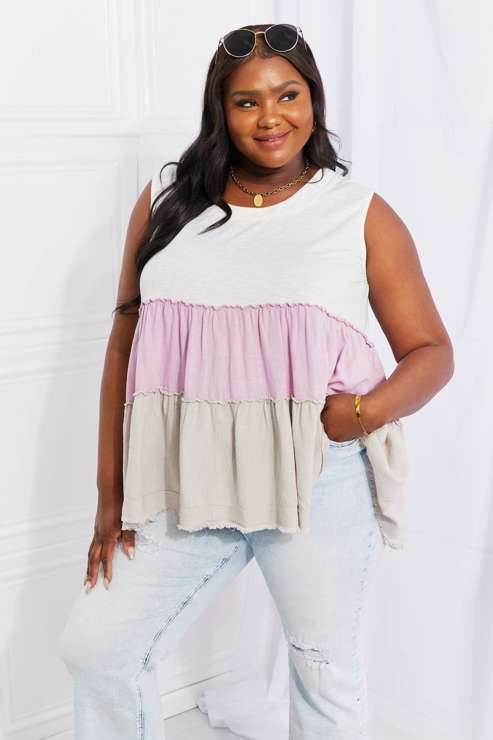 White Birch Full Size Watching the Sunset Color Block Babydoll Top - Full Size Tank Top - Lavender - Bella Bourget