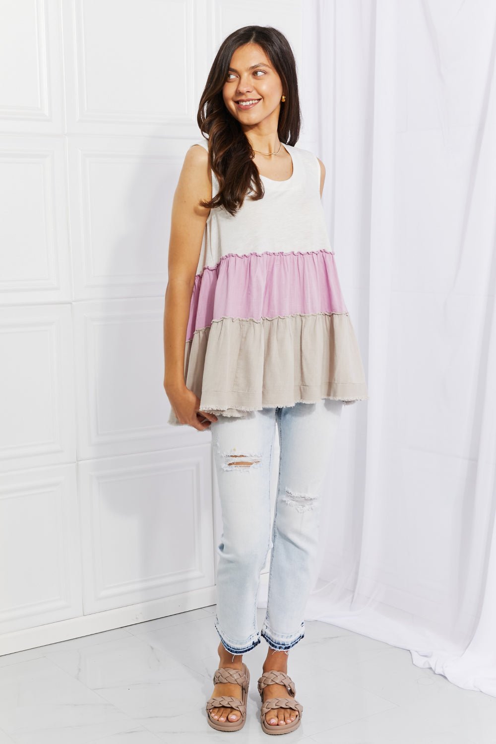 White Birch Full Size Watching the Sunset Color Block Babydoll Top - Full Size Tank Top - Lavender - Bella Bourget