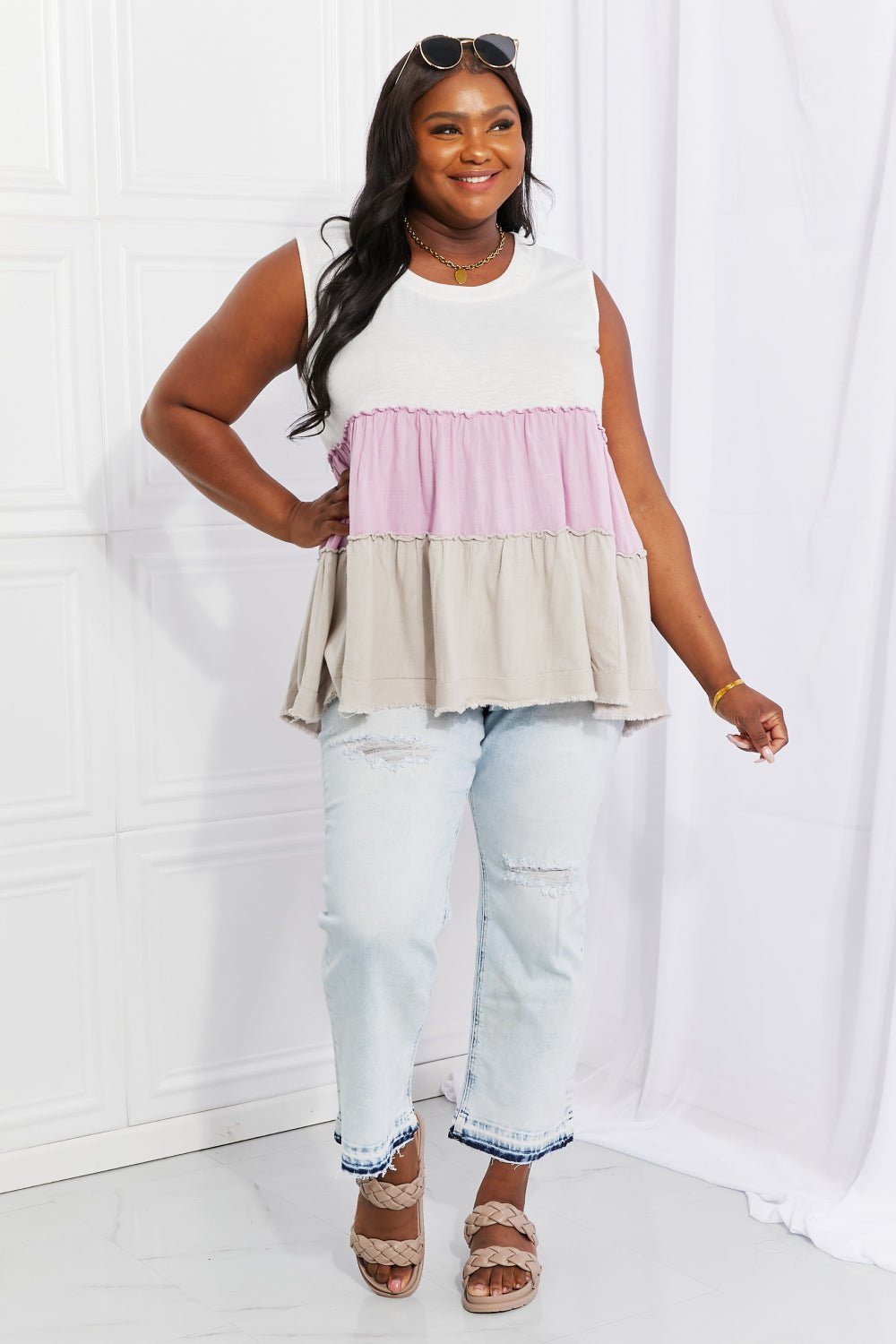 White Birch Full Size Watching the Sunset Color Block Babydoll Top - Full Size Tank Top - Lavender - Bella Bourget