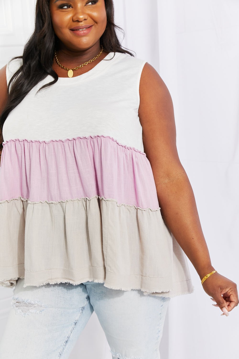 White Birch Full Size Watching the Sunset Color Block Babydoll Top - Full Size Tank Top - Lavender - Bella Bourget