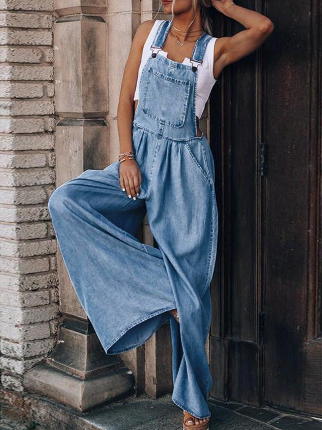 Wide Leg Denim Overalls - Denim Overalls - Light - Bella Bourget