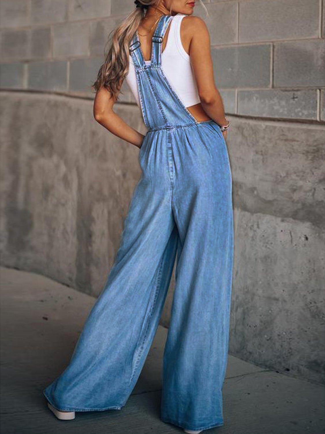 Wide Leg Denim Overalls - Denim Overalls - Light - Bella Bourget