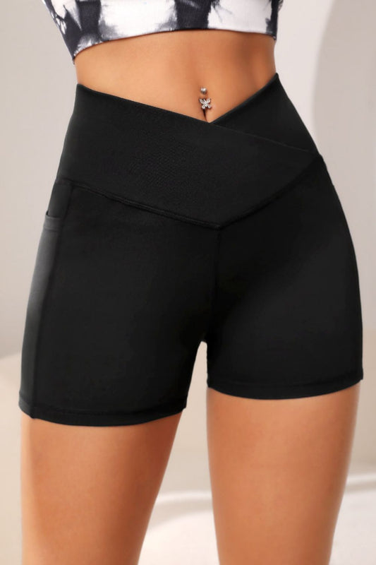 Wide Waistband Active Shorts with Pocket - Active Bottoms - Black - Bella Bourget