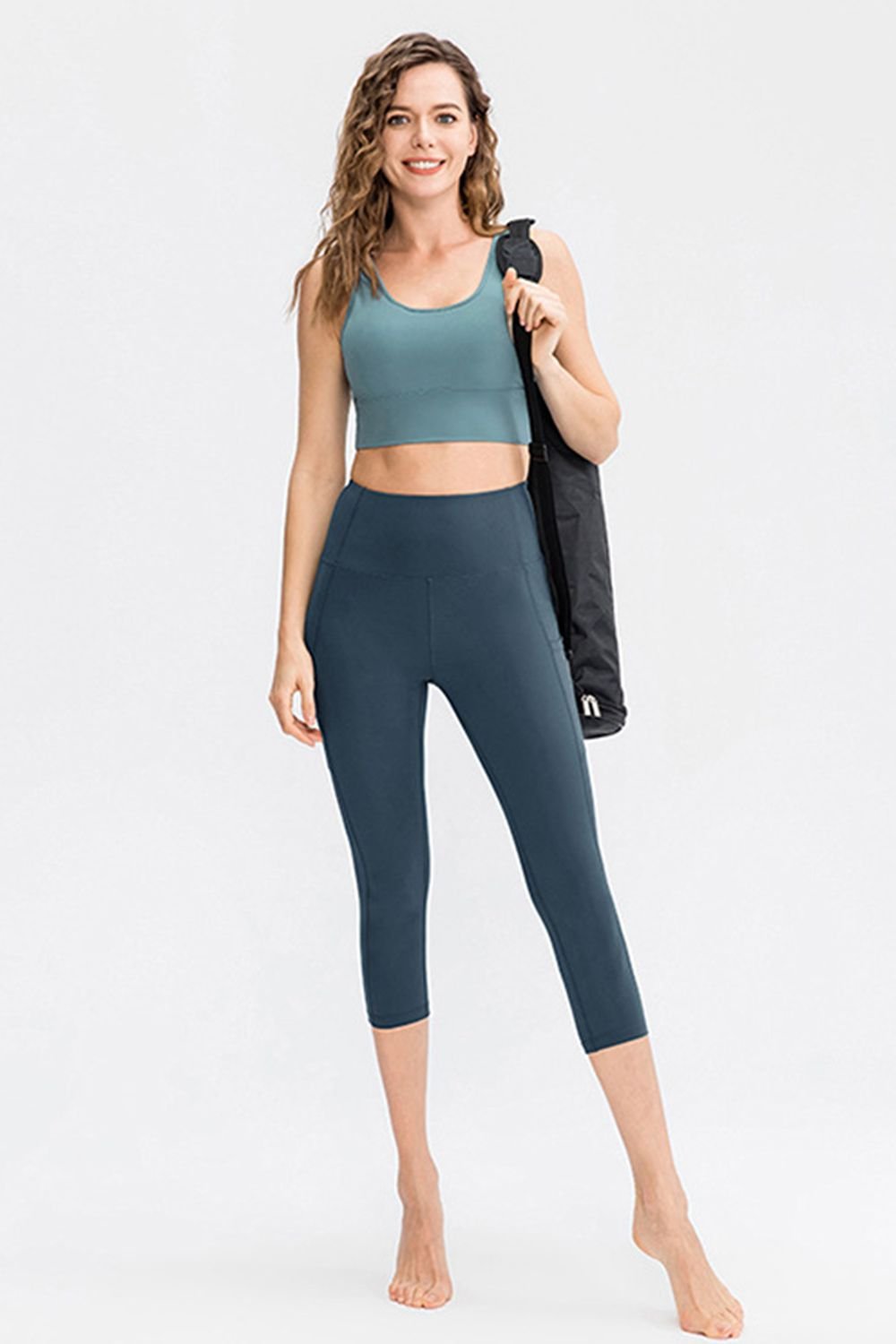 Wide Waistband Cropped Active Leggings with Pockets - Leggings - Deep Teal - Bella Bourget