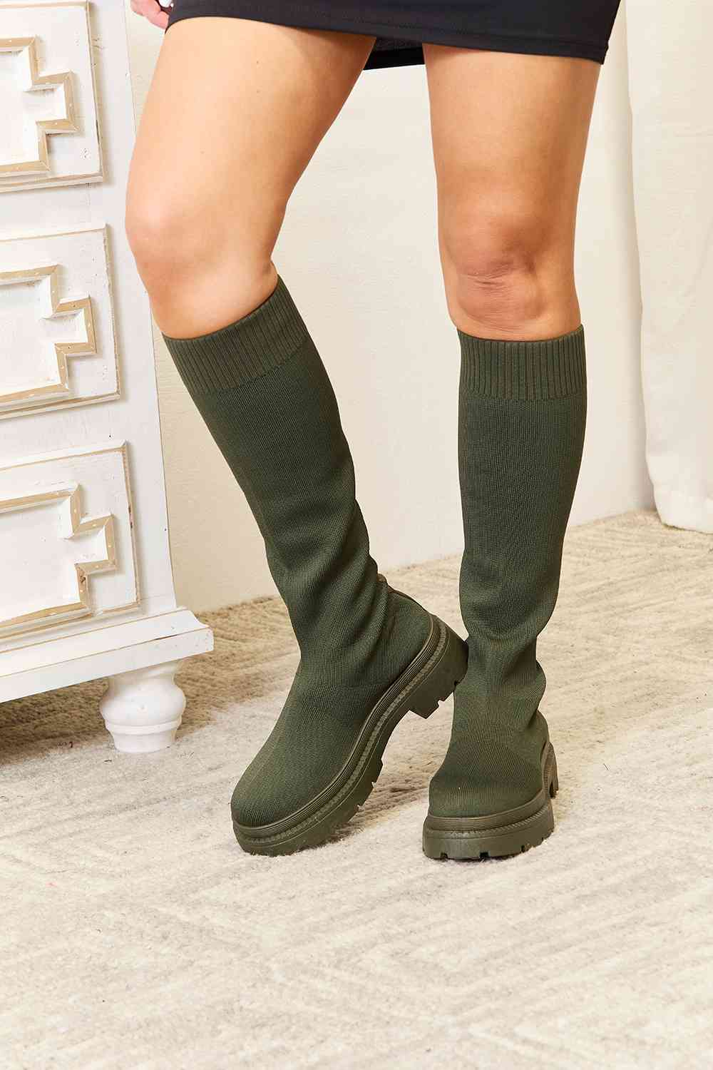 WILD DIVA Footwear Knee High Platform Sock Boots - shoes - Olive - Bella Bourget