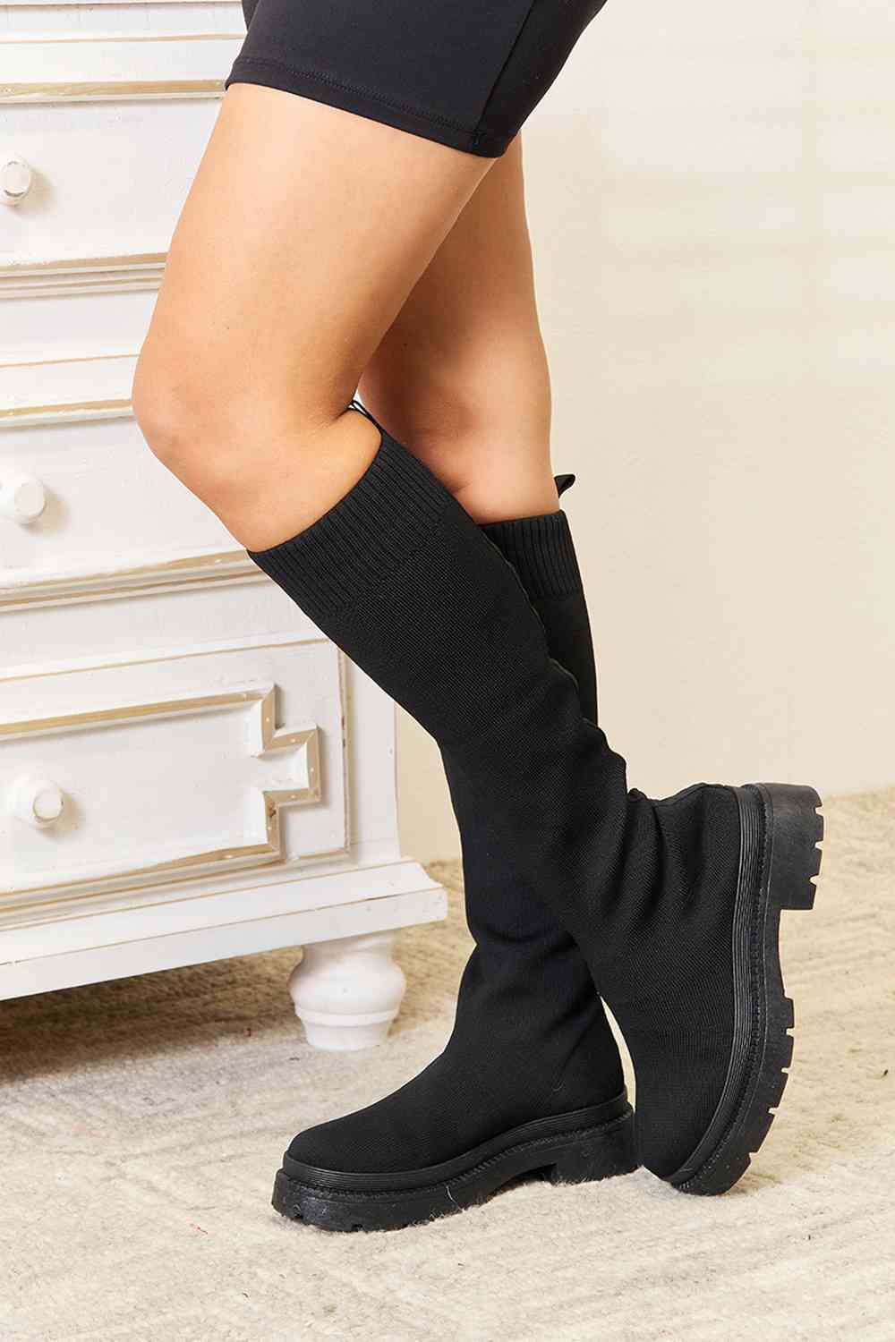 WILD DIVA Footwear Knee High Platform Sock Boots - shoes - Black - Bella Bourget