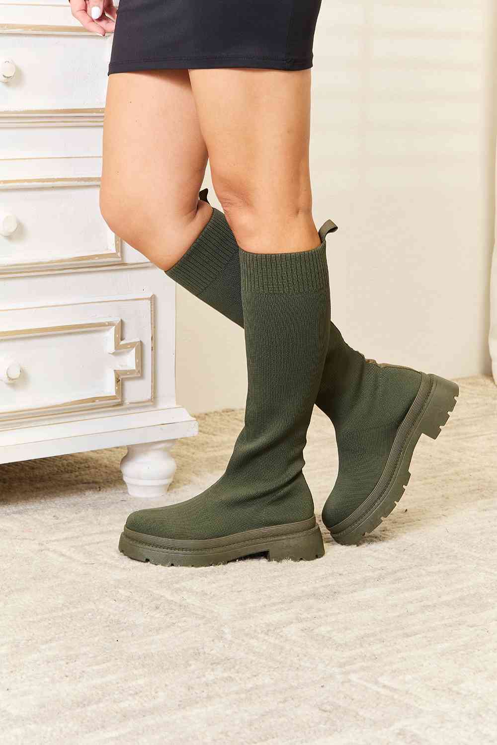 WILD DIVA Footwear Knee High Platform Sock Boots - shoes - Olive - Bella Bourget