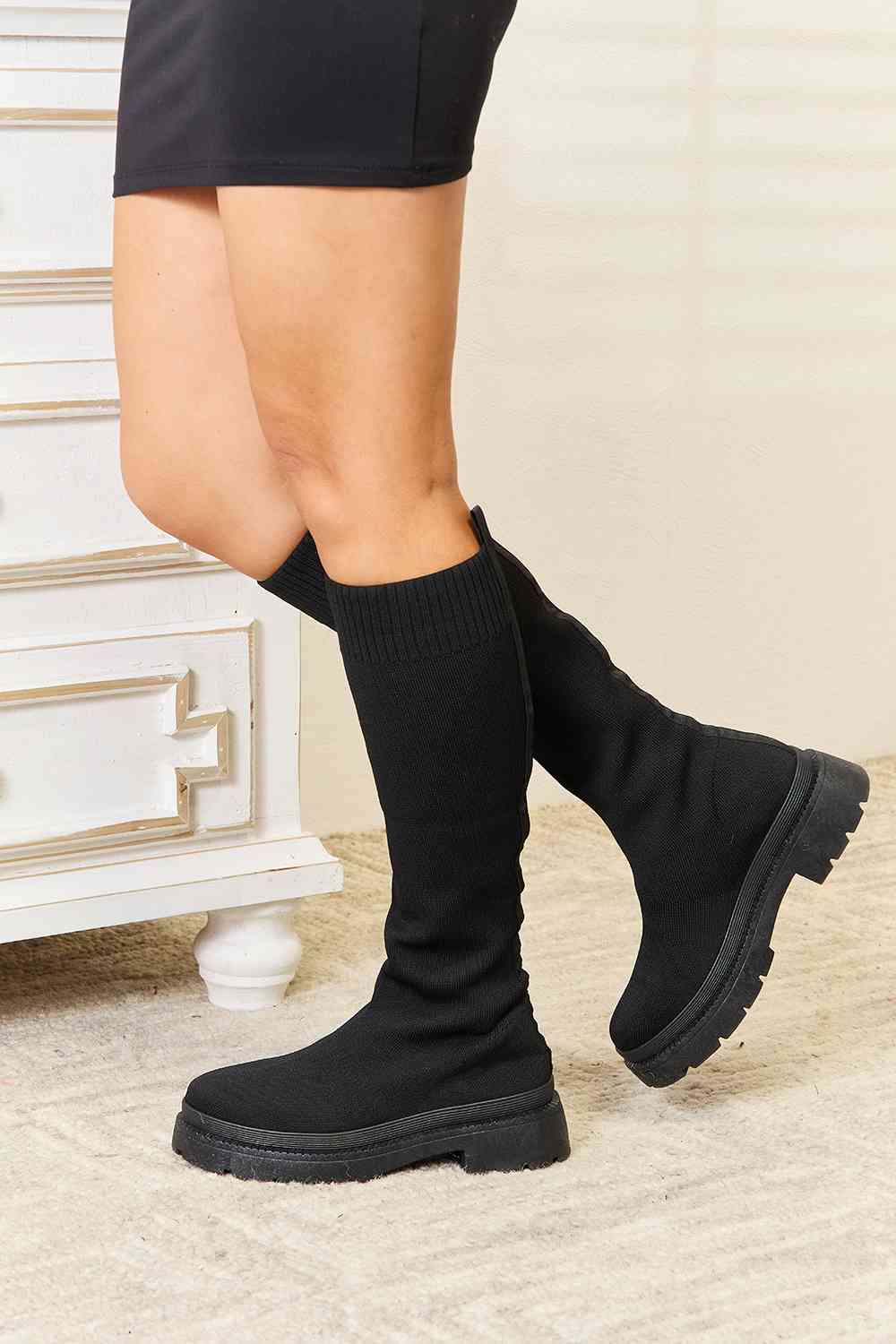 WILD DIVA Footwear Knee High Platform Sock Boots - shoes - Black - Bella Bourget