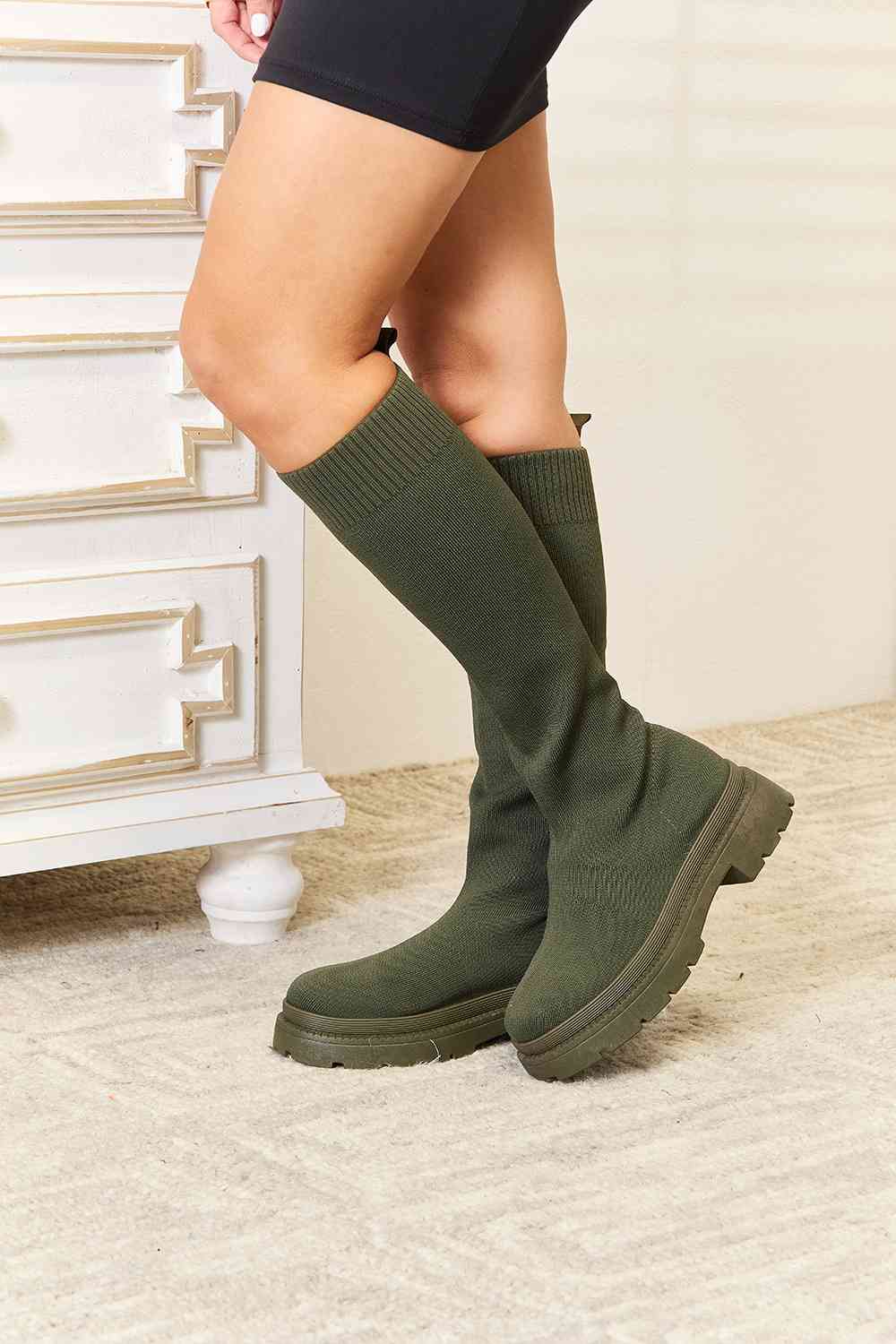 WILD DIVA Footwear Knee High Platform Sock Boots - shoes - Olive - Bella Bourget