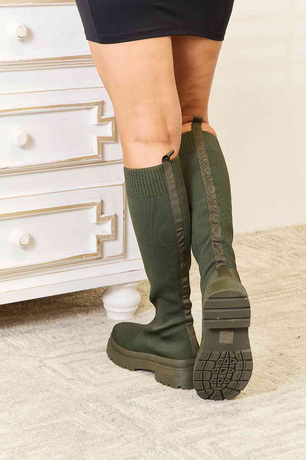 WILD DIVA Footwear Knee High Platform Sock Boots - shoes - Olive - Bella Bourget