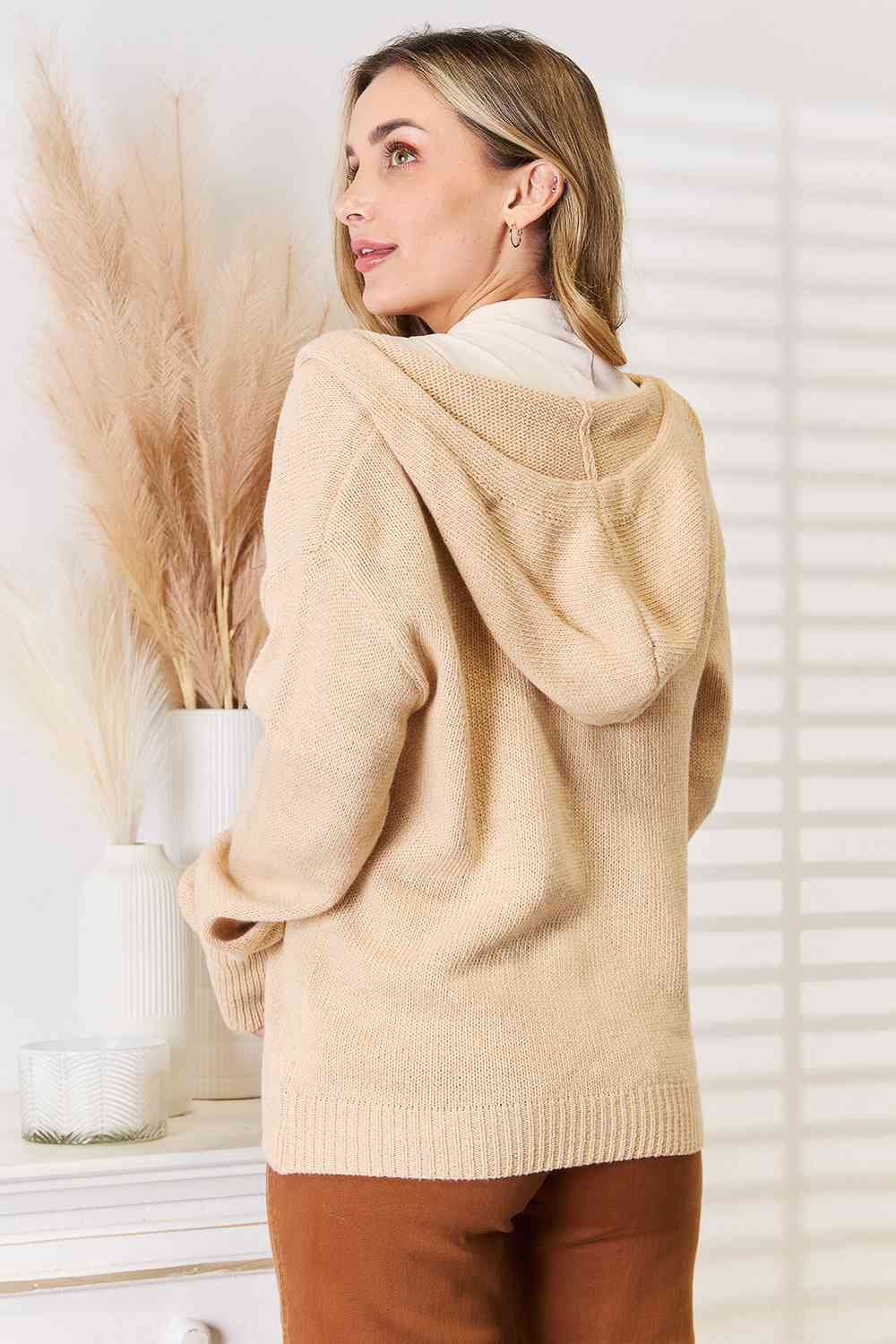 Woven Right Button - Down Long Sleeve Hooded Sweater - TikTok - Tan - Bella Bourget