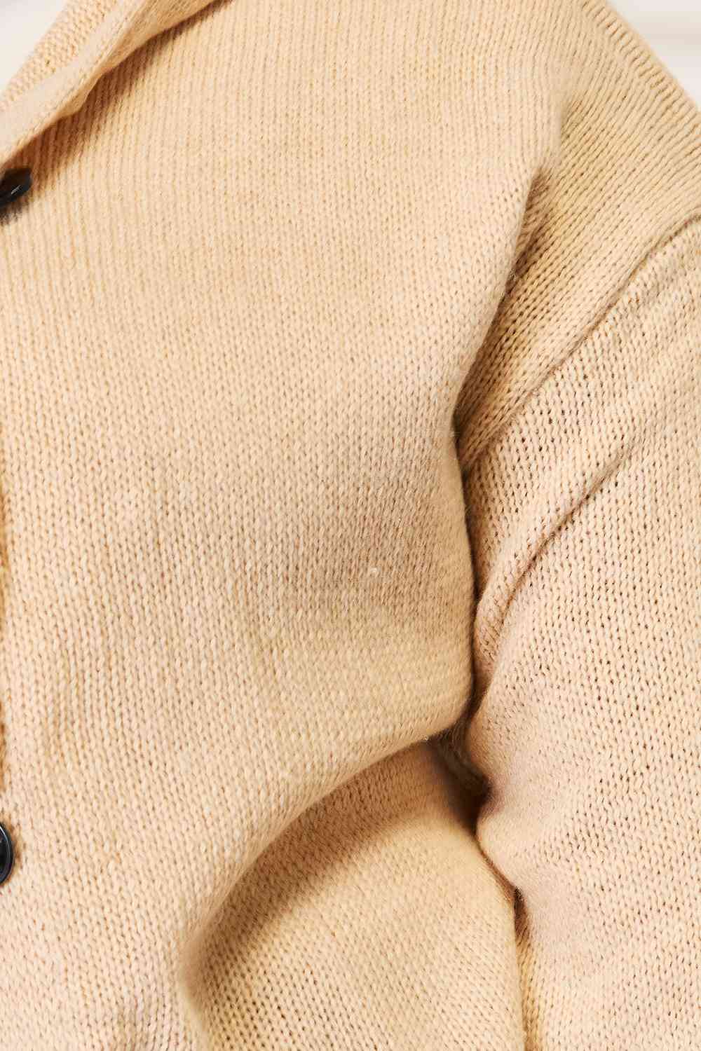 Woven Right Button - Down Long Sleeve Hooded Sweater - TikTok - Tan - Bella Bourget