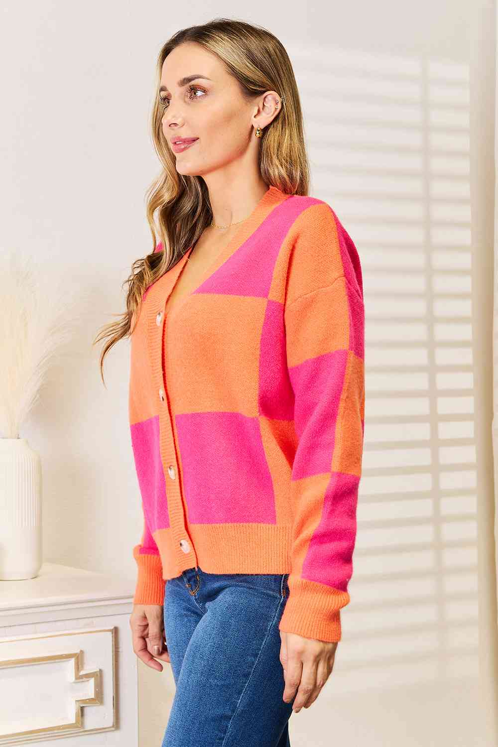 Woven Right Checkered V - Neck Dropped Shoulder Cardigan - TikTok - Hot Pink - Bella Bourget