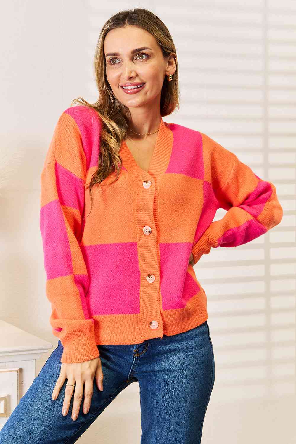 Woven Right Checkered V - Neck Dropped Shoulder Cardigan - TikTok - Hot Pink - Bella Bourget