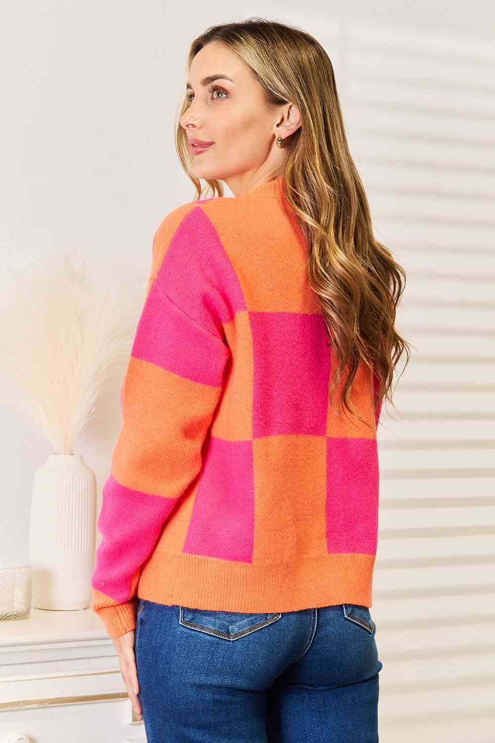 Woven Right Checkered V - Neck Dropped Shoulder Cardigan - TikTok - Hot Pink - Bella Bourget