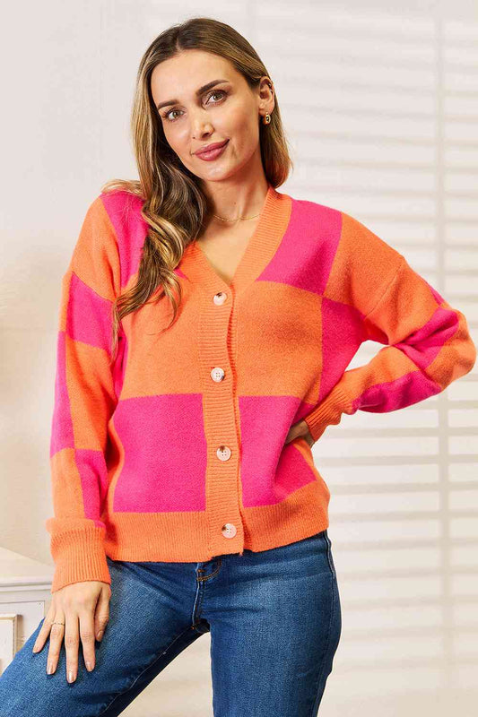 Woven Right Checkered V - Neck Dropped Shoulder Cardigan - TikTok - Hot Pink - Bella Bourget