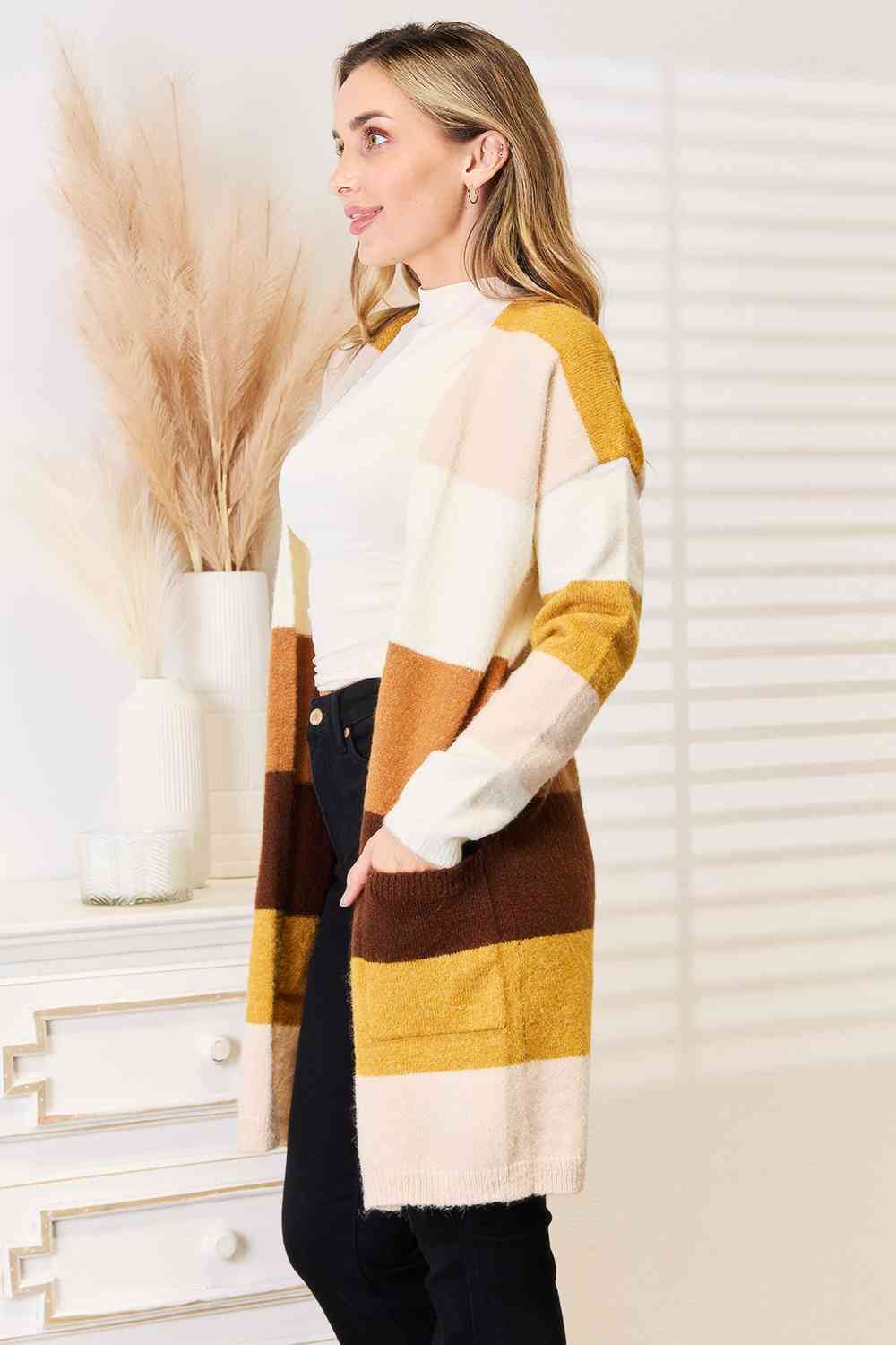 Woven Right Color Block Dropped Shoulder Cardigan - Cardigan - Brown/Tan Stripe - Bella Bourget