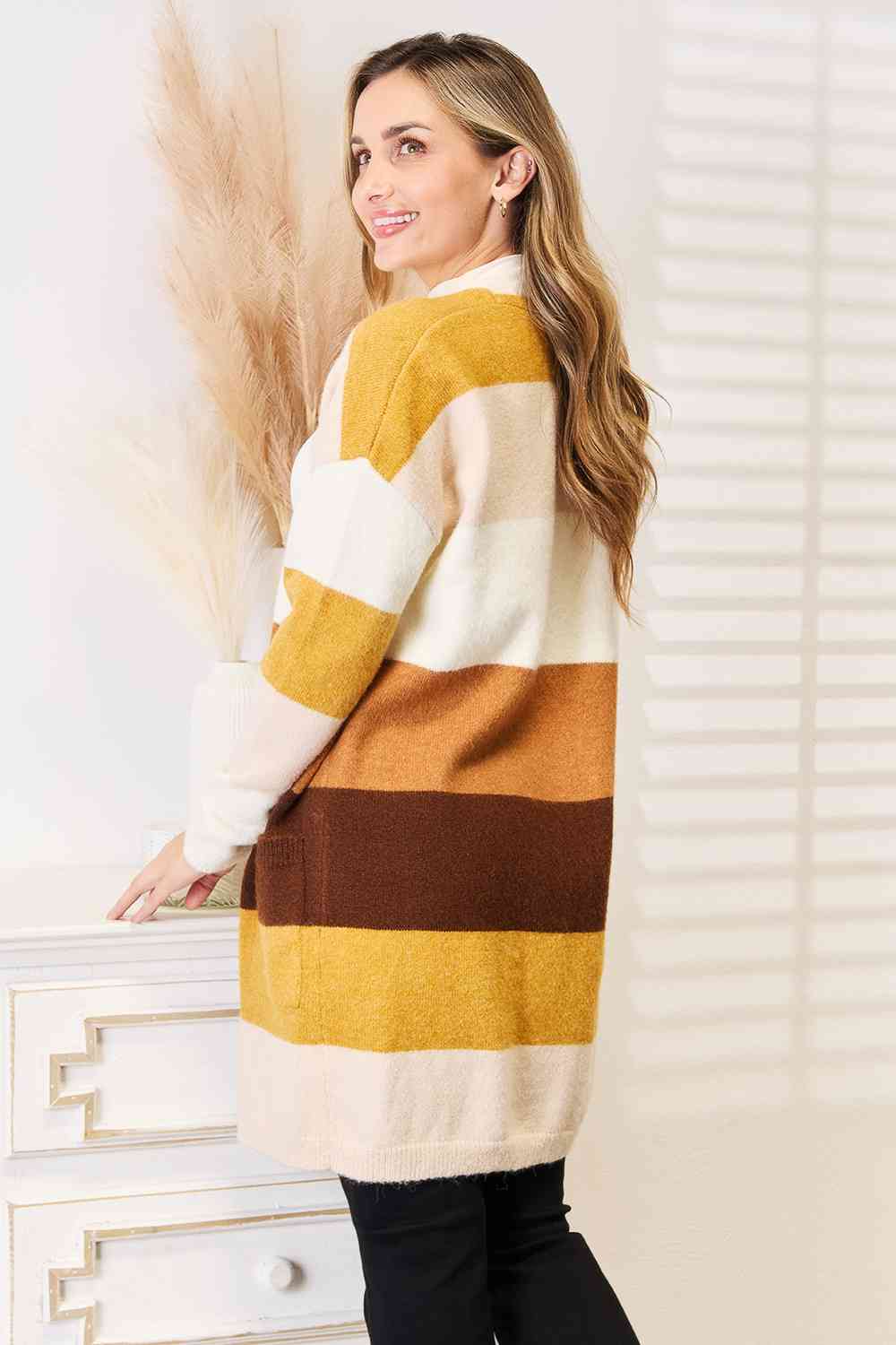 Woven Right Color Block Dropped Shoulder Cardigan - Cardigan - Brown/Tan Stripe - Bella Bourget