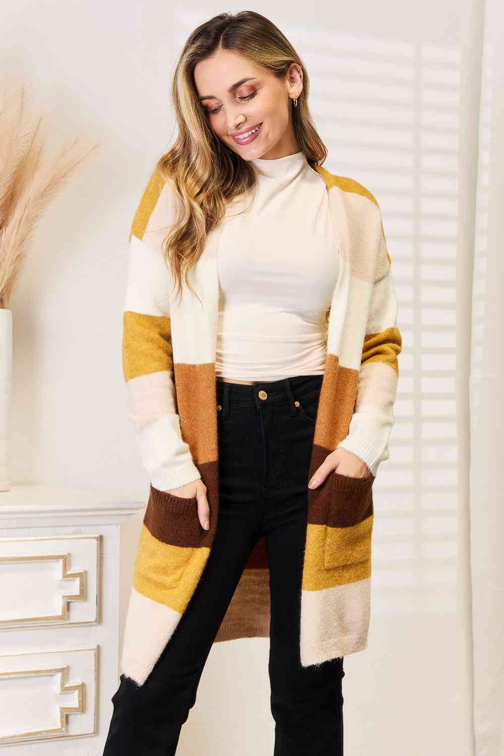 Woven Right Color Block Dropped Shoulder Cardigan - Cardigan - Brown/Tan Stripe - Bella Bourget