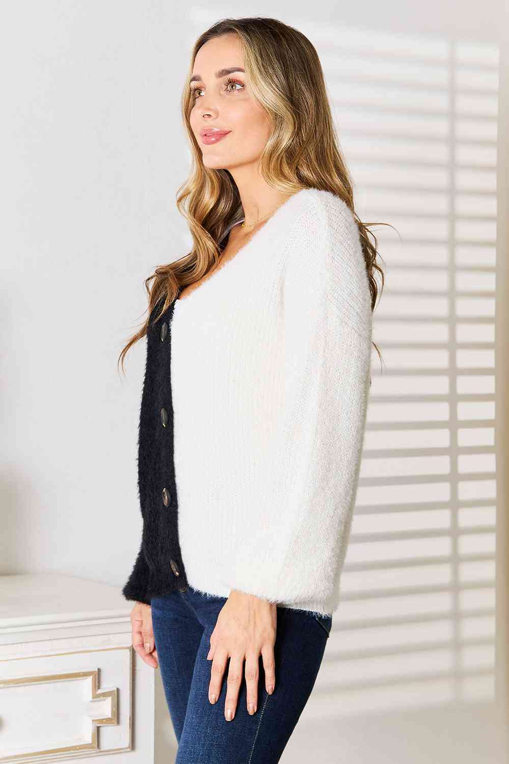 Woven Right Contrast Button - Front V - Neck Cardigan - TikTok - Black - Bella Bourget