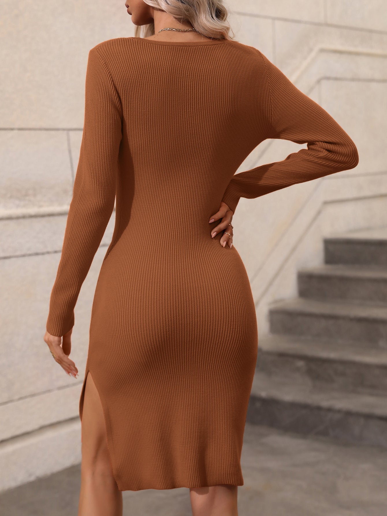 Woven Right Contrast Slit Sweater Dress - Dress - Brown - Bella Bourget