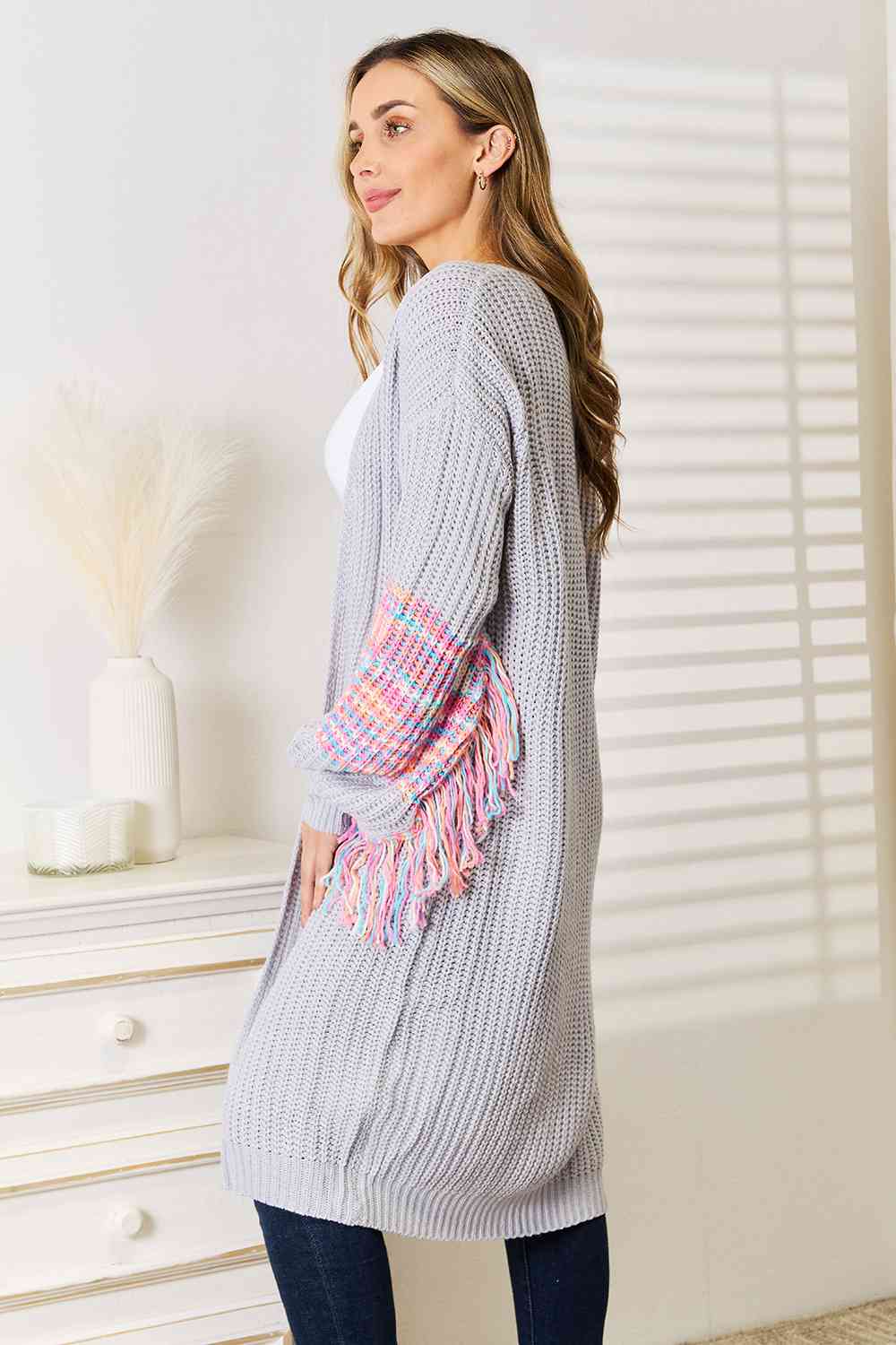 Woven Right Fringe Sleeve Dropped Shoulder Cardigan - TikTok - Cloudy Blue - Bella Bourget