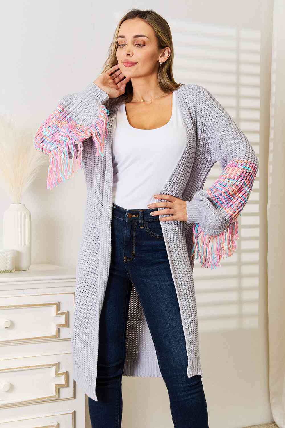 Woven Right Fringe Sleeve Dropped Shoulder Cardigan - TikTok - Cloudy Blue - Bella Bourget