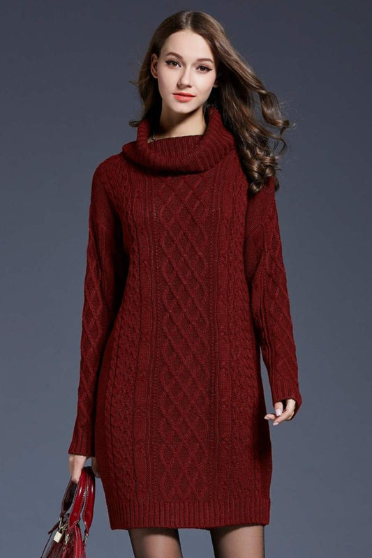 Woven Right Full Size Mixed Knit Cowl Neck Dropped Shoulder Sweater Dress - Dress - Wine - Bella Bourget