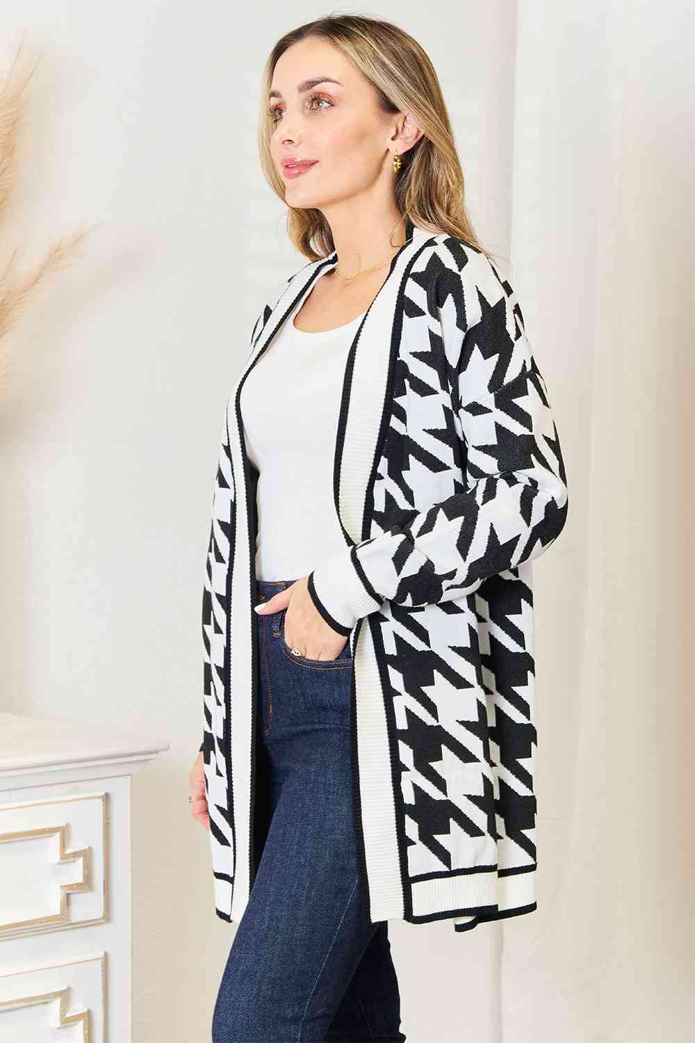 Woven Right Houndstooth Open Front Longline Cardigan - TikTok - Black - Bella Bourget