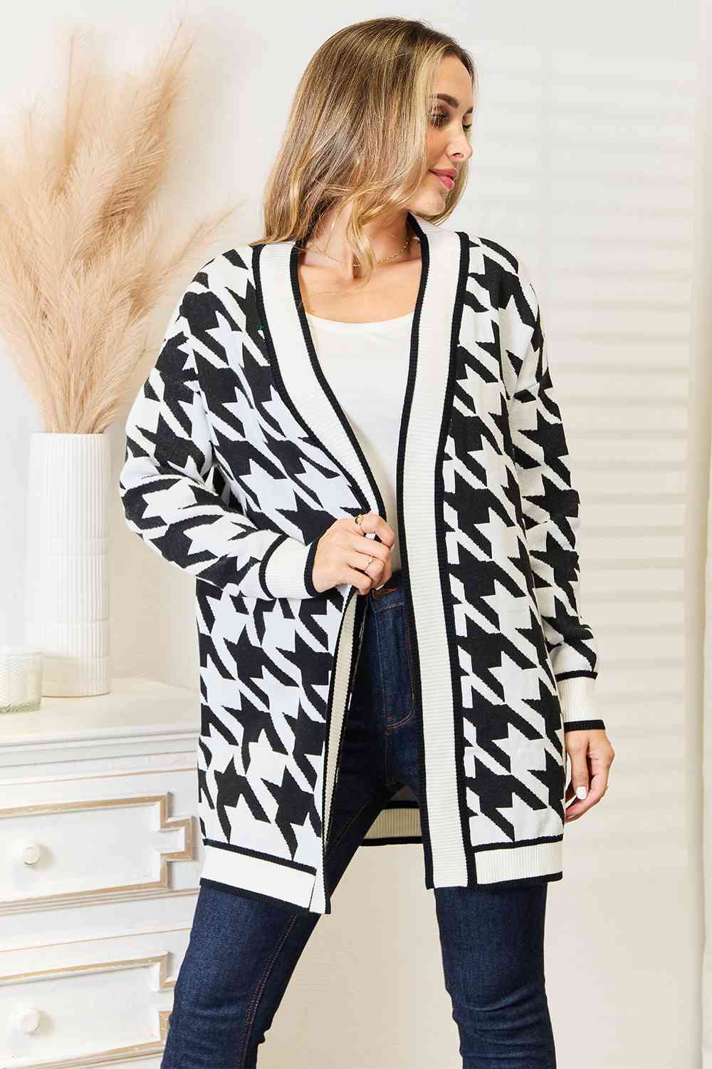 Woven Right Houndstooth Open Front Longline Cardigan - TikTok - Black - Bella Bourget