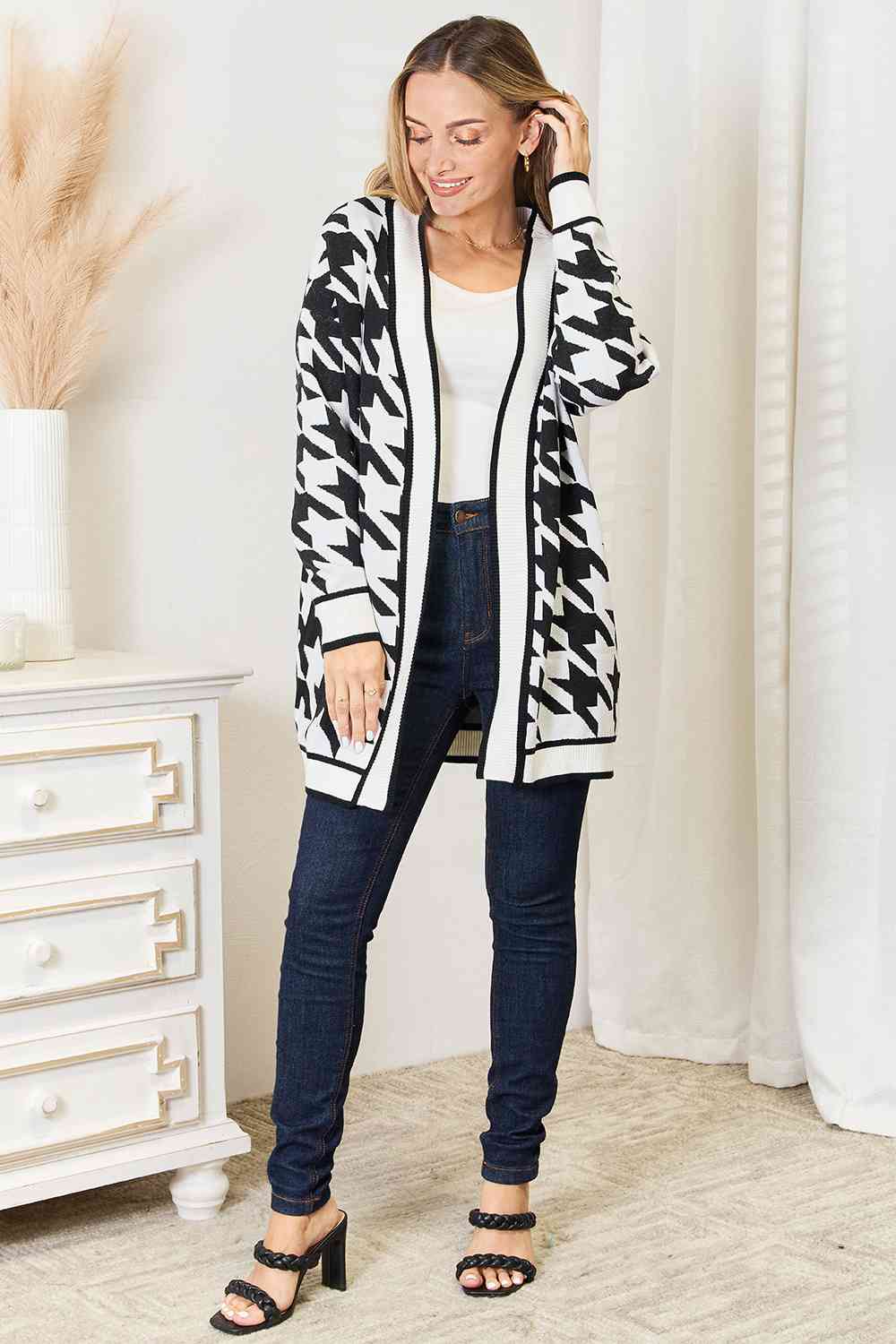 Woven Right Houndstooth Open Front Longline Cardigan - TikTok - Black - Bella Bourget