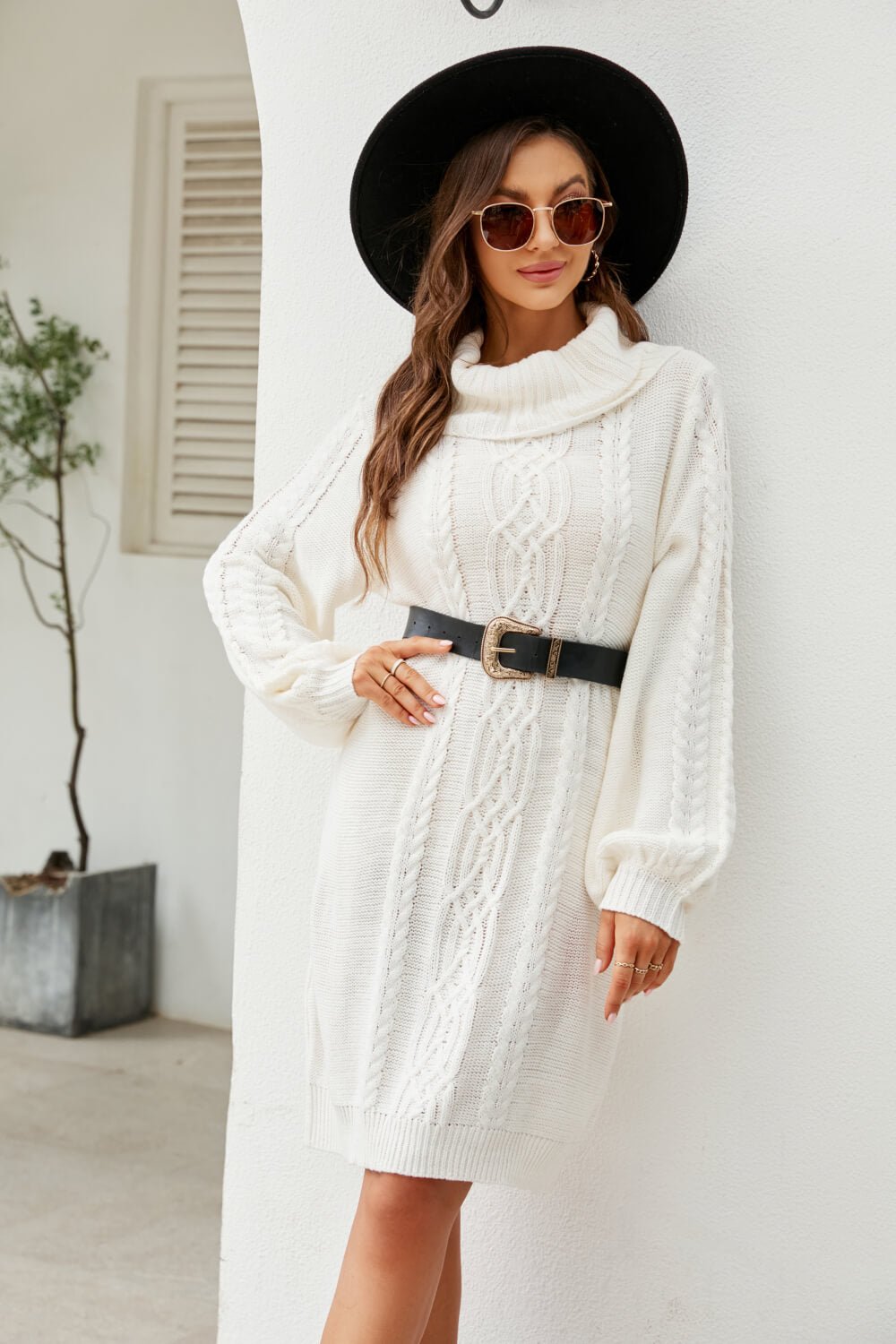 Woven Right Mixed Knit Turtleneck Lantern Sleeve Sweater Dress - Dress - White - Bella Bourget