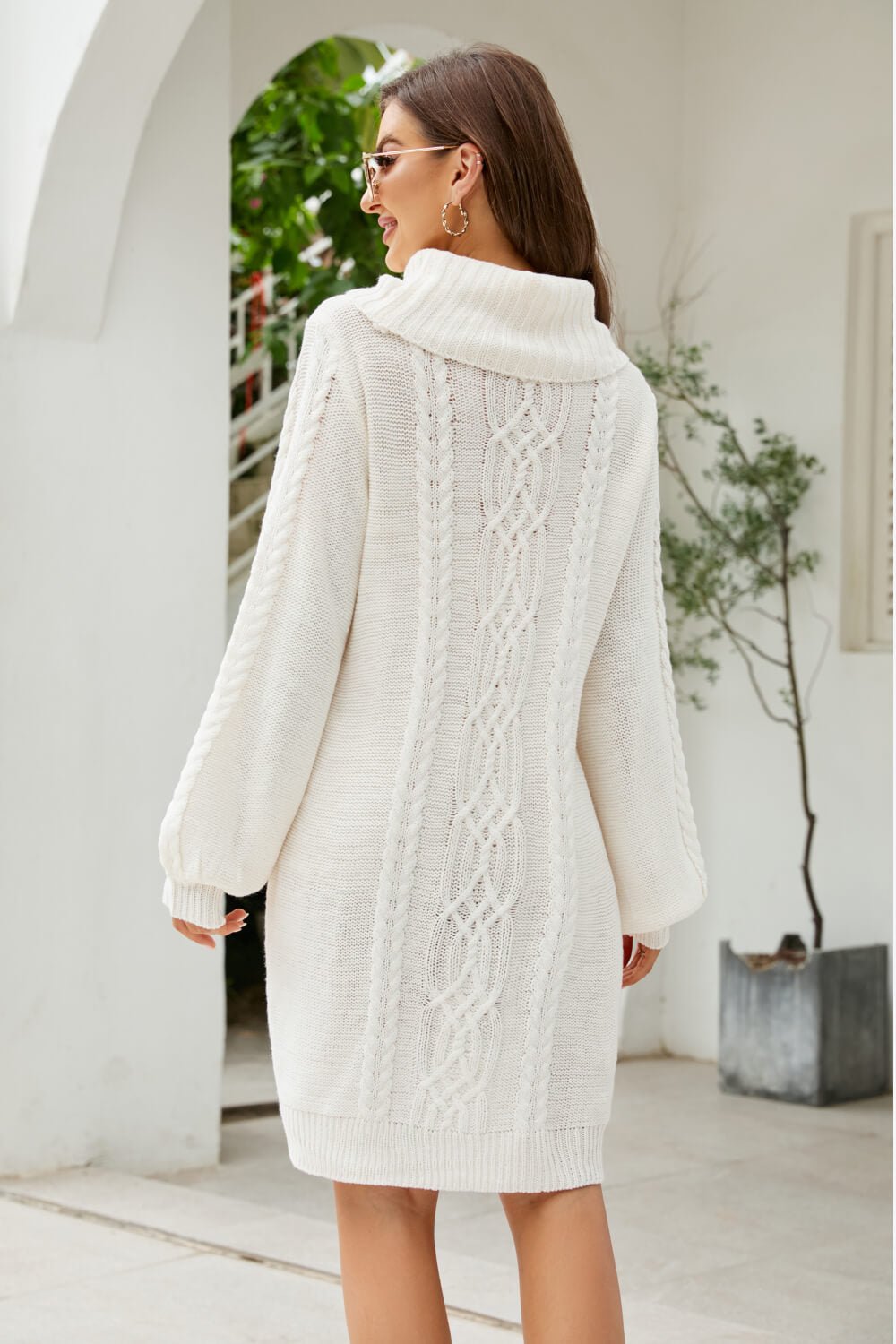 Woven Right Mixed Knit Turtleneck Lantern Sleeve Sweater Dress - Dress - White - Bella Bourget