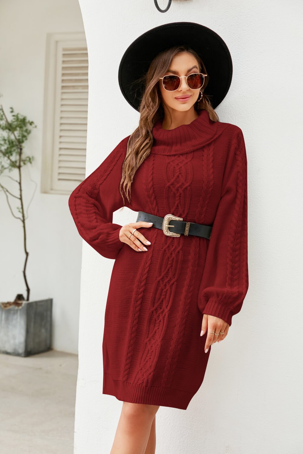 Woven Right Mixed Knit Turtleneck Lantern Sleeve Sweater Dress - Dress - Wine - Bella Bourget